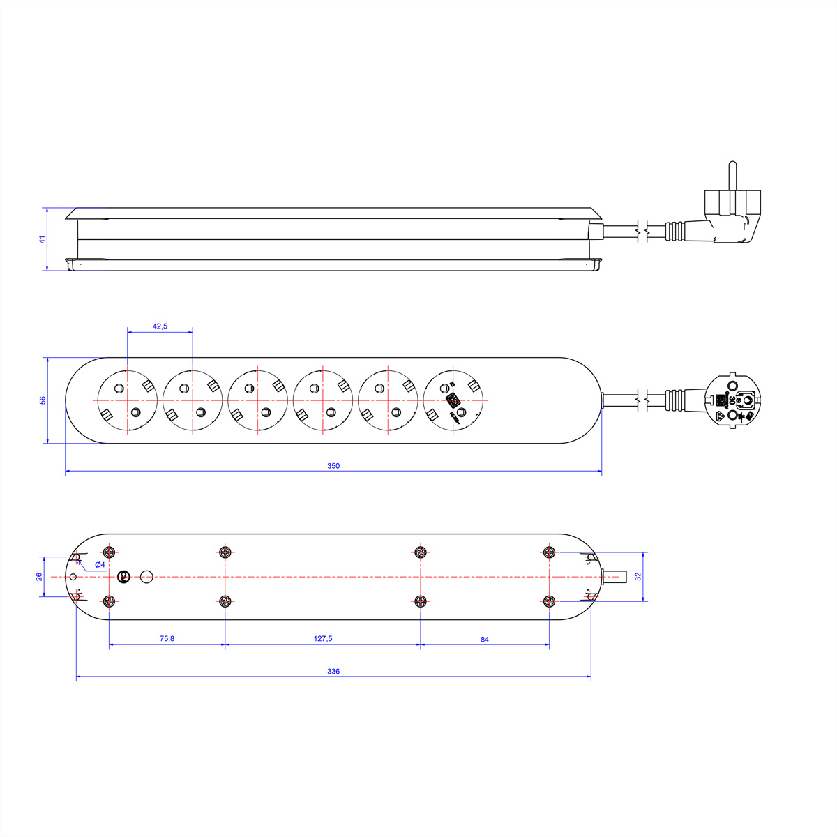 Rysunek techniczny listwy zasilającej z 7 gniazdami i wtyczką.
