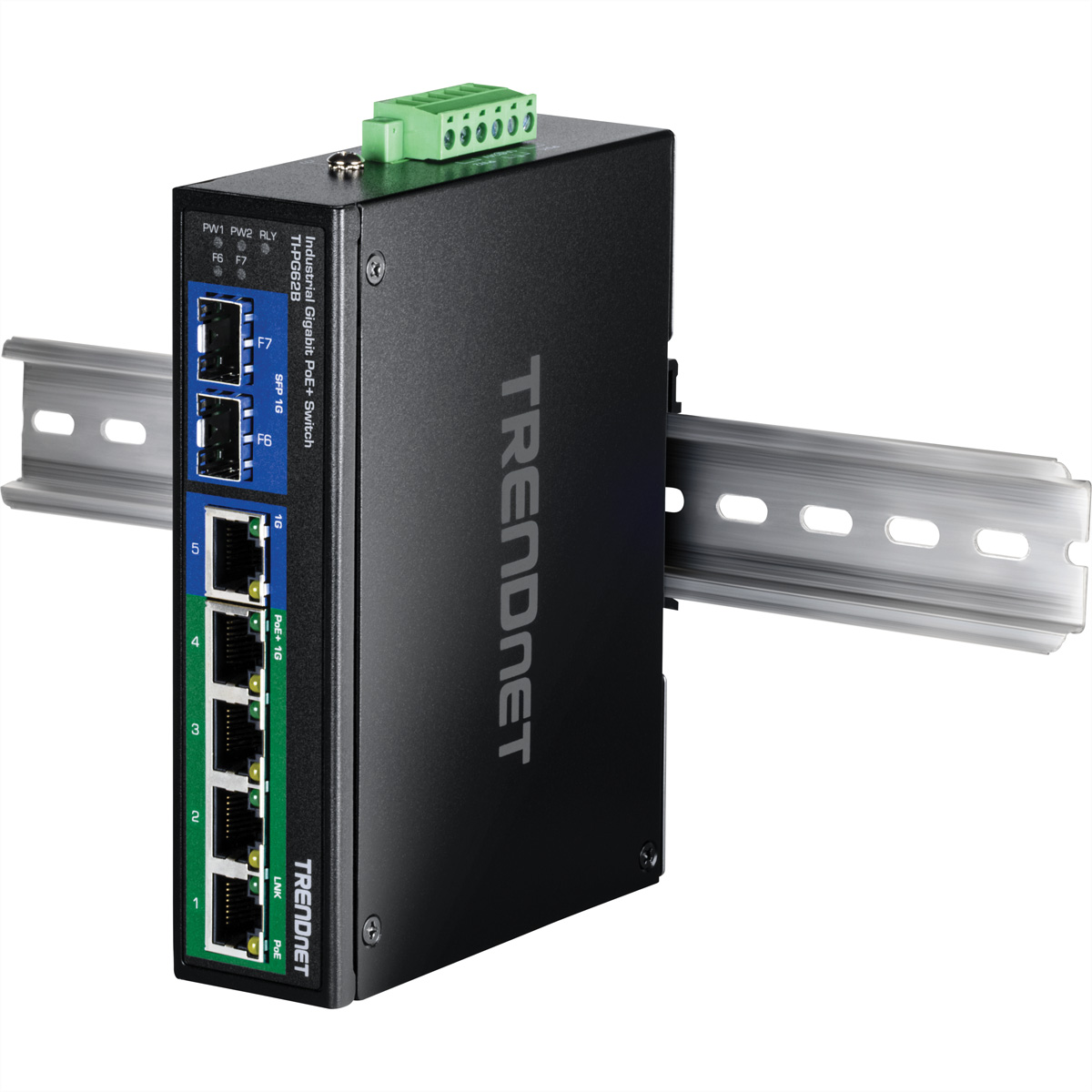 Schwarzer industrieller Gigabit PoE+ Switch mit Trendnet-Logo, montiert auf einer Hutschiene.