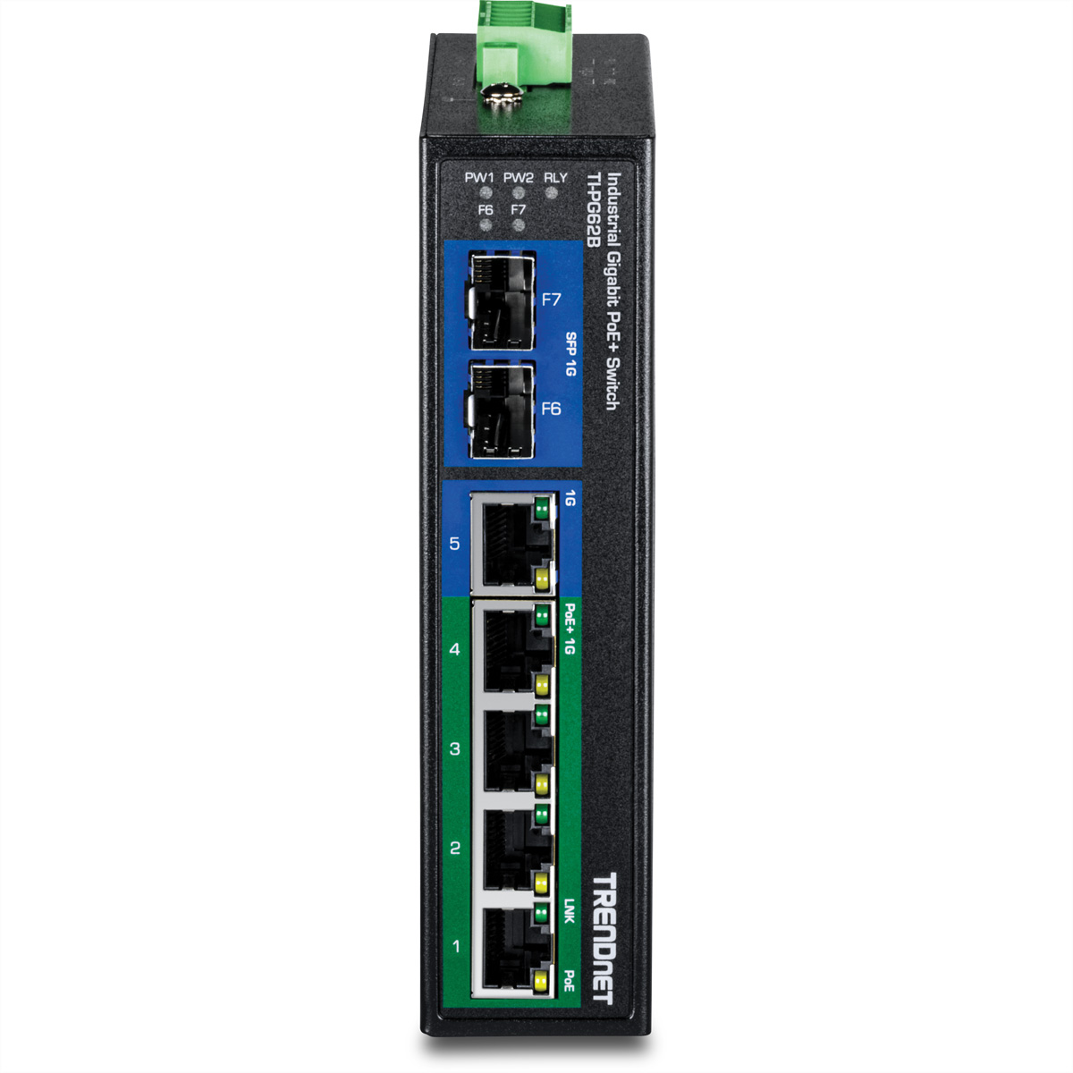 Ein industrieller Gigabit PoE+ Switch mit Anschlüssen und Statusanzeigen.