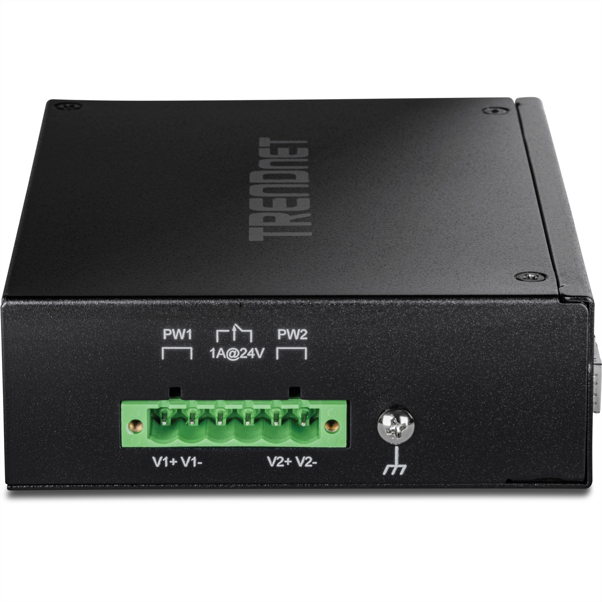 Schwarzes TrendNet-Gerät mit grüner Klemme für V1+/V1- und V2+/V2-.