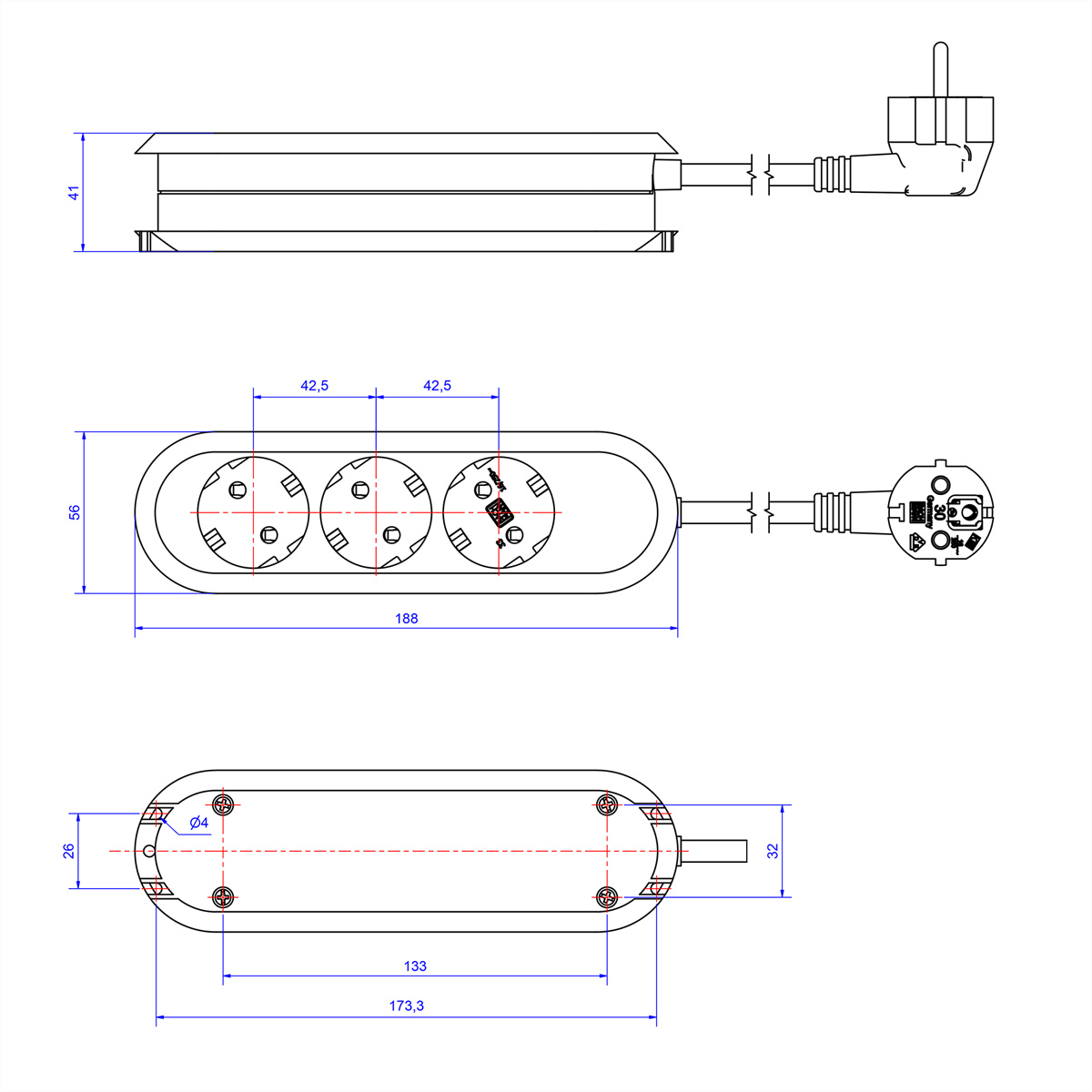 Rysunek techniczny listwy zasilającej z trzema gniazdami i wtyczką kątową.