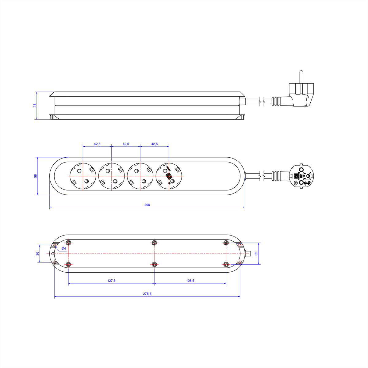 Rysunek techniczny listwy zasilającej z czterema gniazdami i wtyczką.