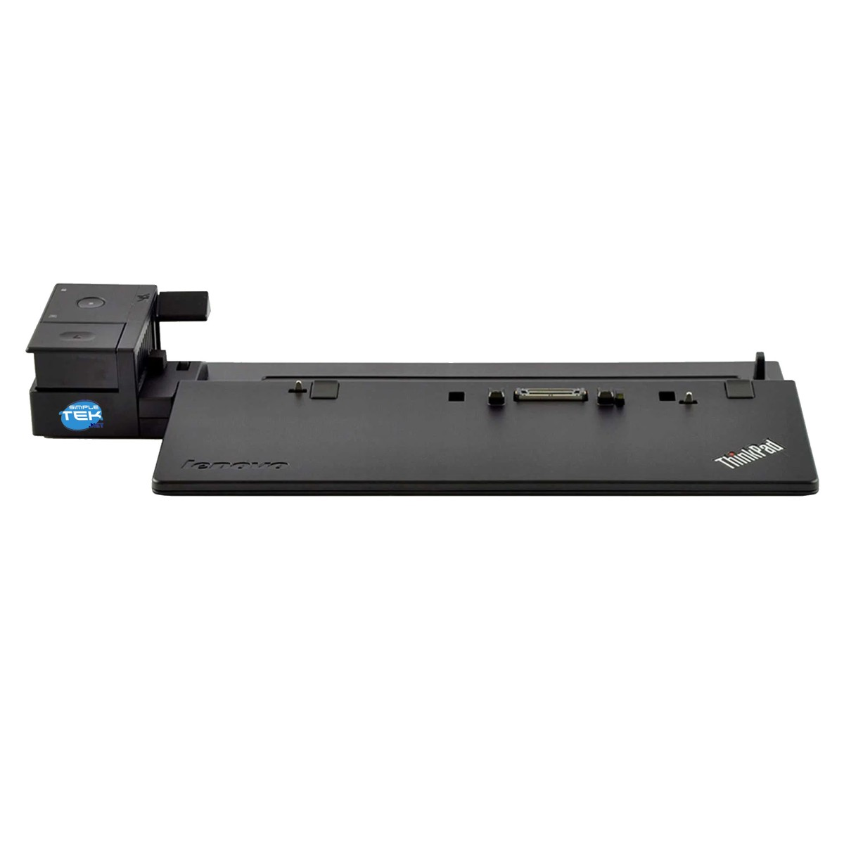 Stazione di docking Lenovo ThinkPad nera con porte e logo 'Simple Tek'.