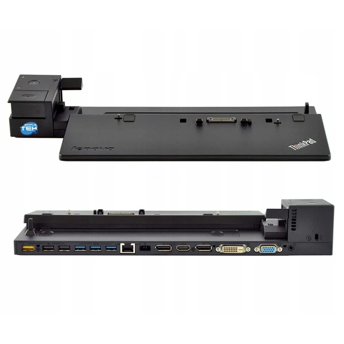 Docking station nera Lenovo ThinkPad con porte: USB, Ethernet, HDMI, DVI, VGA.