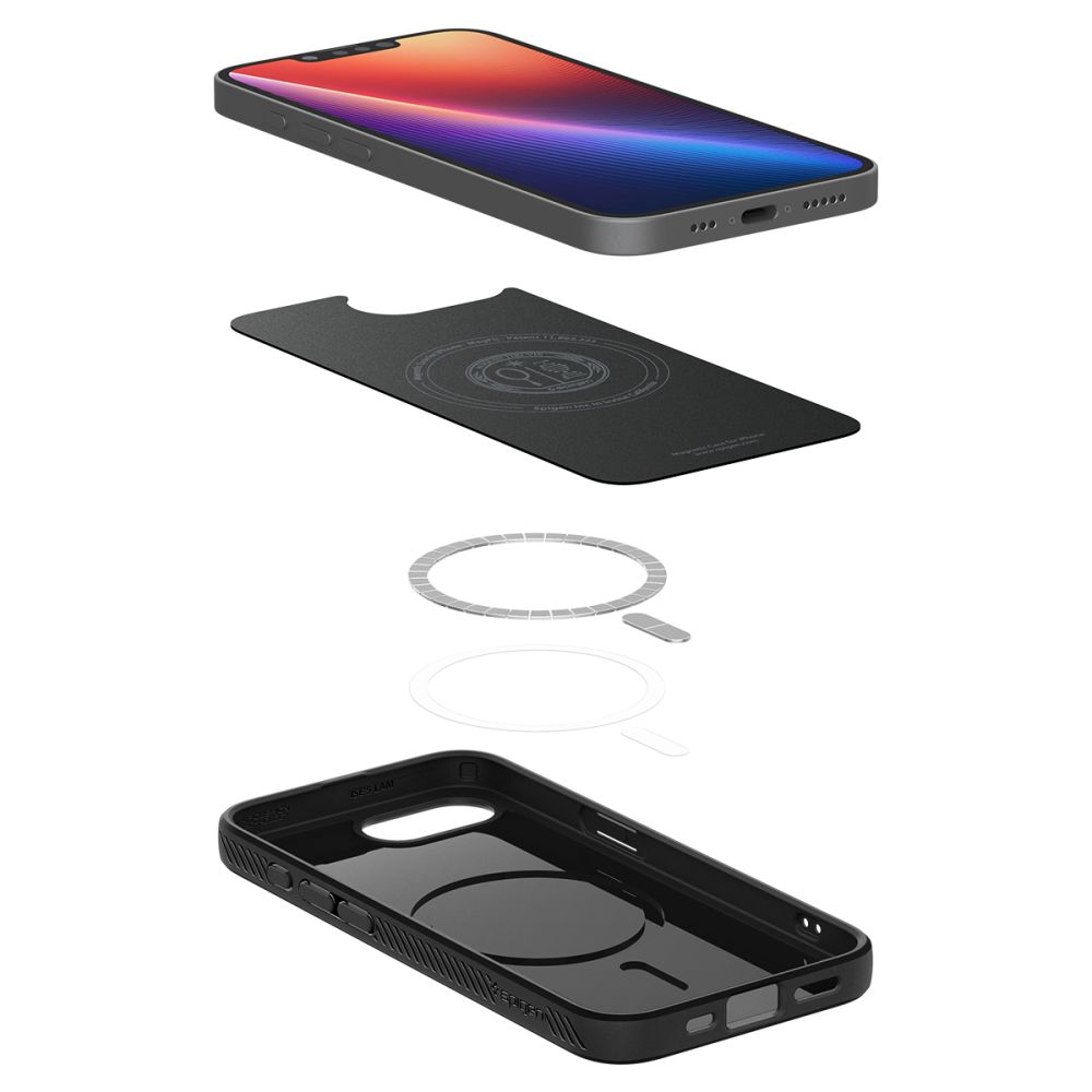 Zerlegtes iPhone mit Schutzhülle, Magnetring und Displayschutzfolie.
