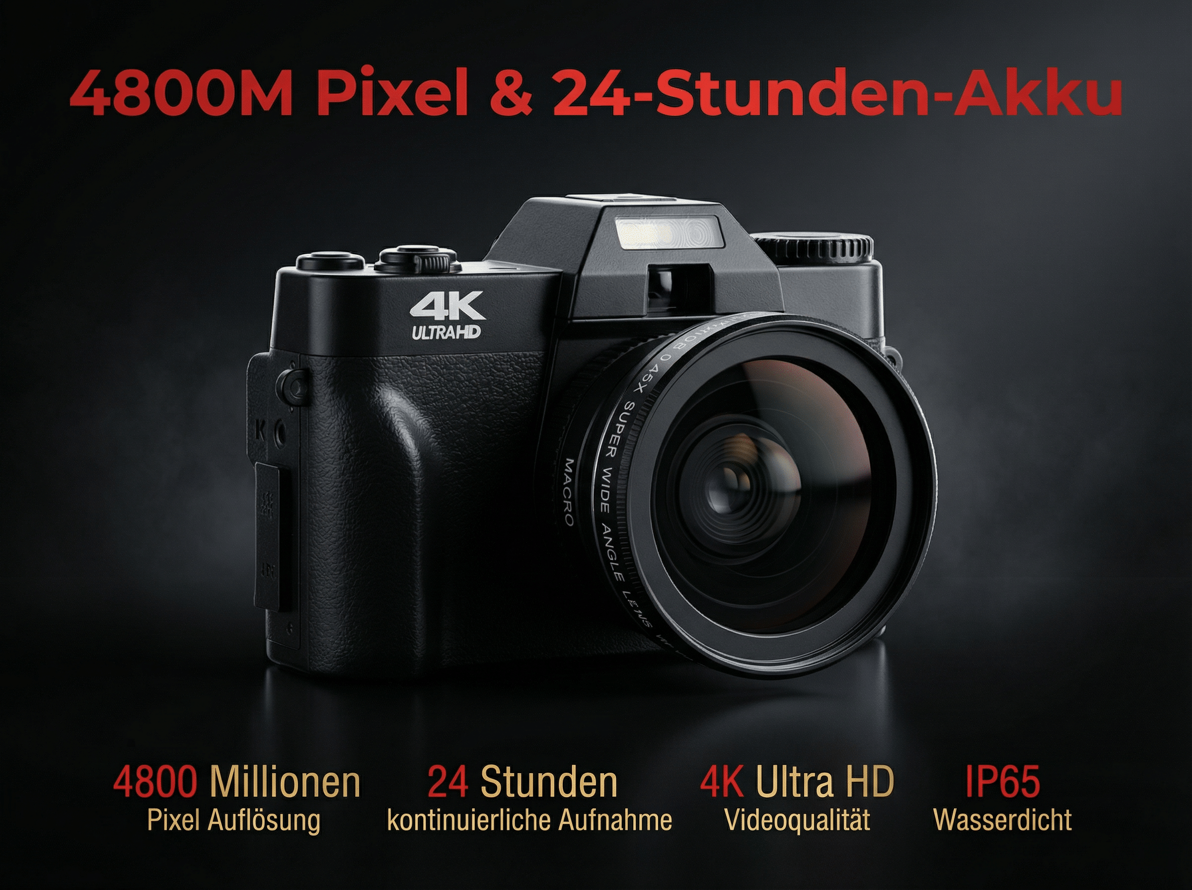 Eine schwarze Kamera mit 4K Ultra HD, 48MP, 24h Akku, IP65 Schutz.