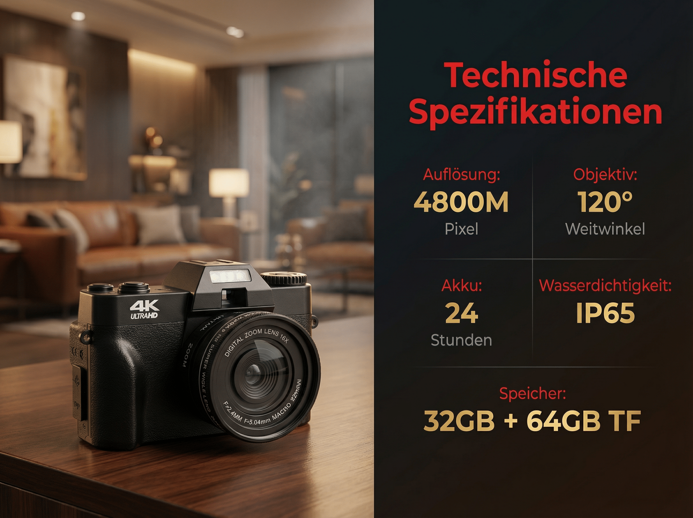 Eine schwarze 4K-Kamera mit Zoomobjektiv und technischen Daten.