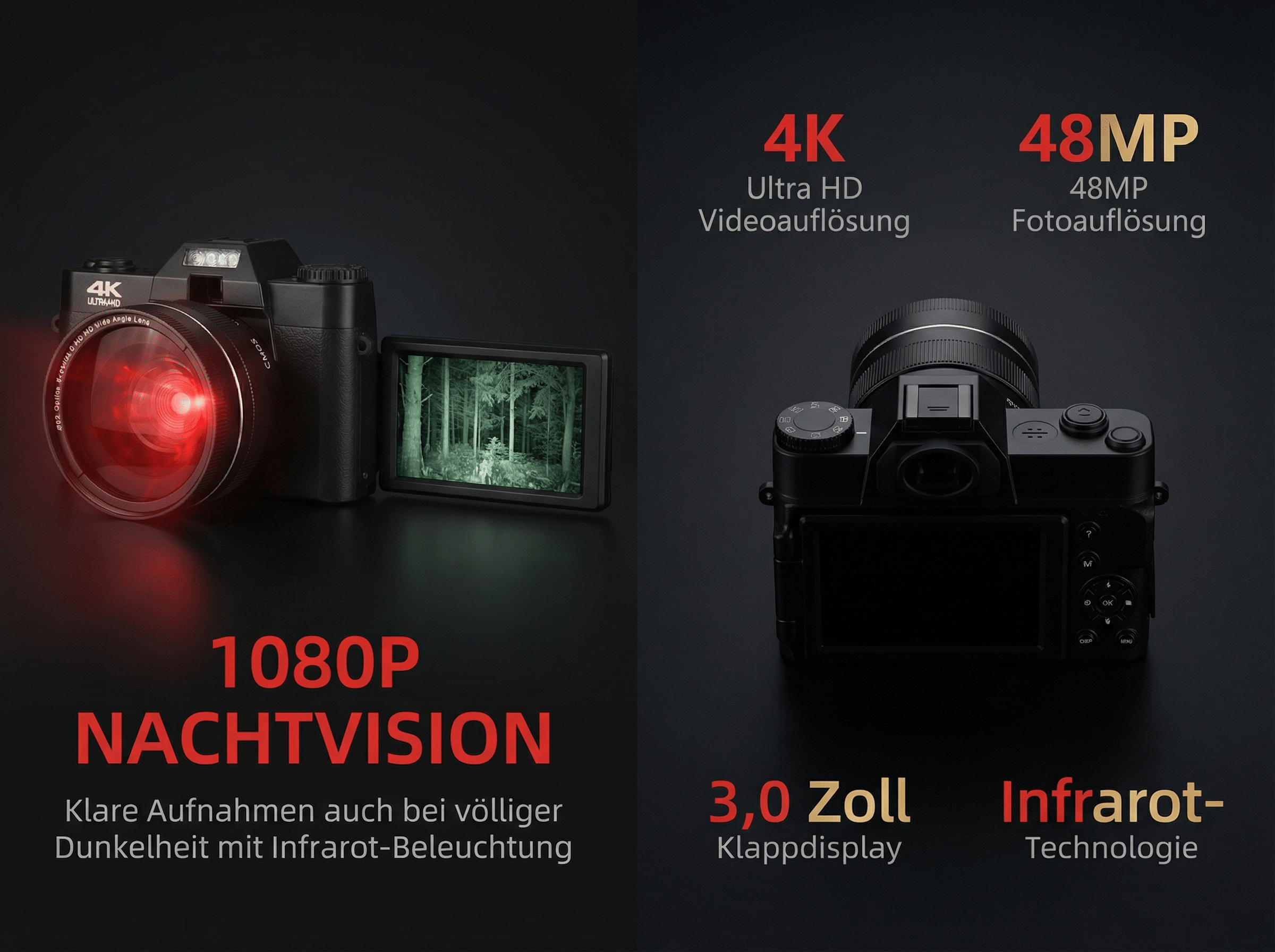 Kamera mit 4K-Video, 48MP Foto, Nachtsicht und schwenkbarem Display.