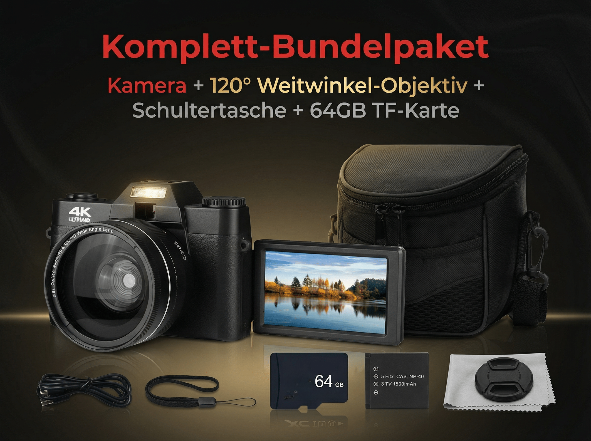 Kamera-Bundle mit Objektiv, Tasche, Speicherkarte und Zubehör auf dunklem Hintergrund.