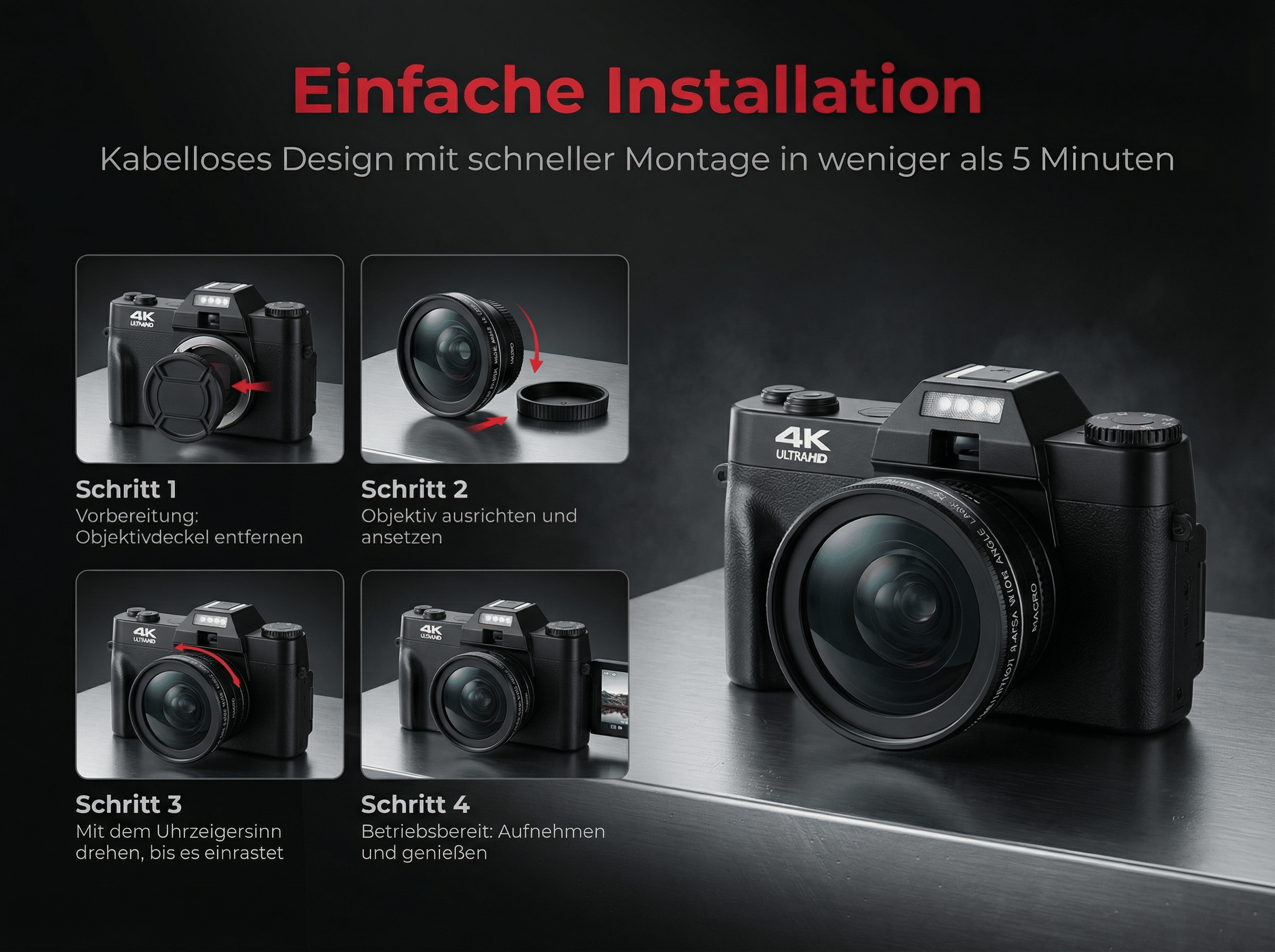 Anleitung zur einfachen Installation einer 4K-Kamera mit vier Schritten.