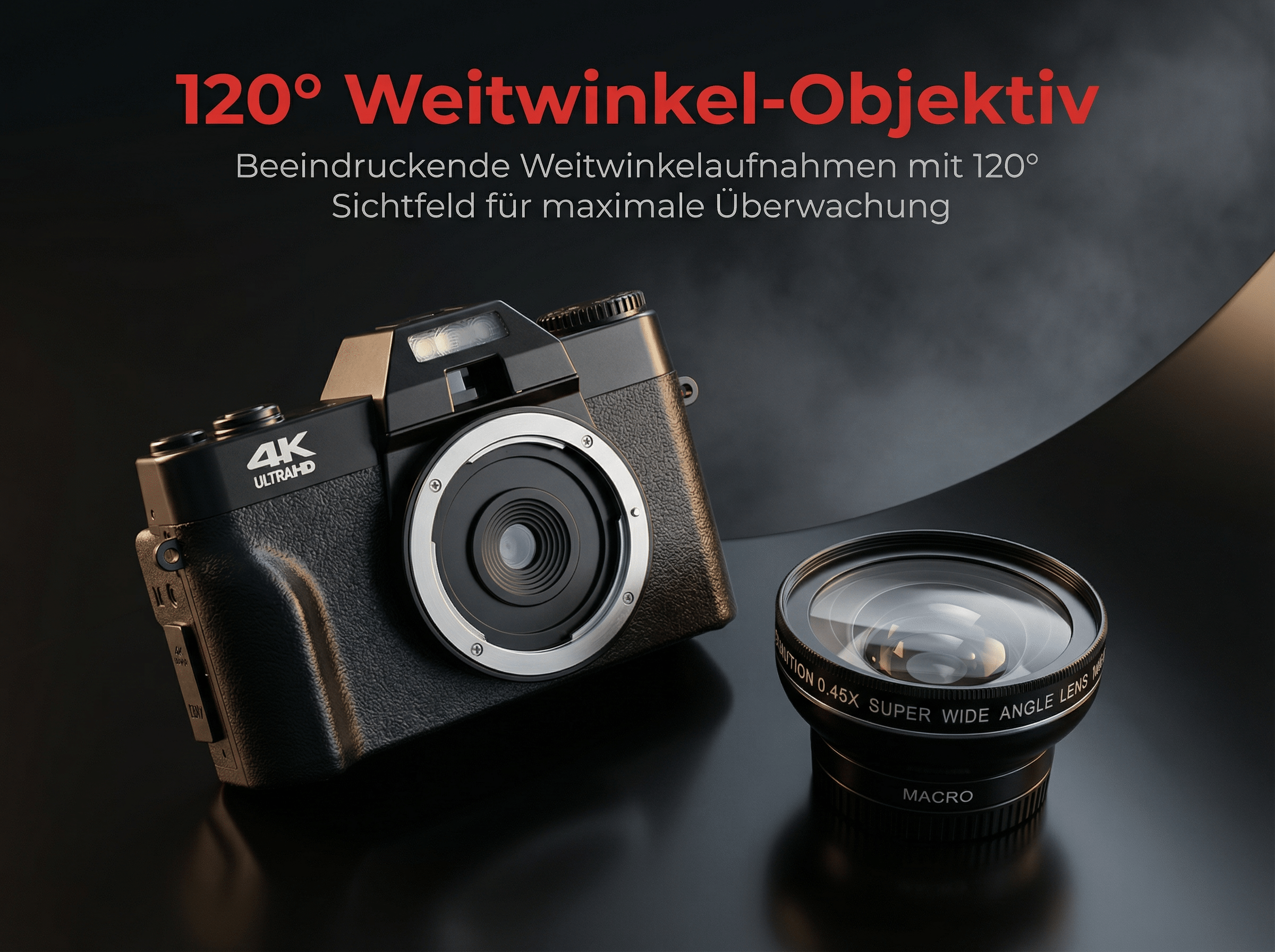 Ein schwarzes 4K Ultra HD Weitwinkelobjektiv mit 120 Grad Sichtfeld.