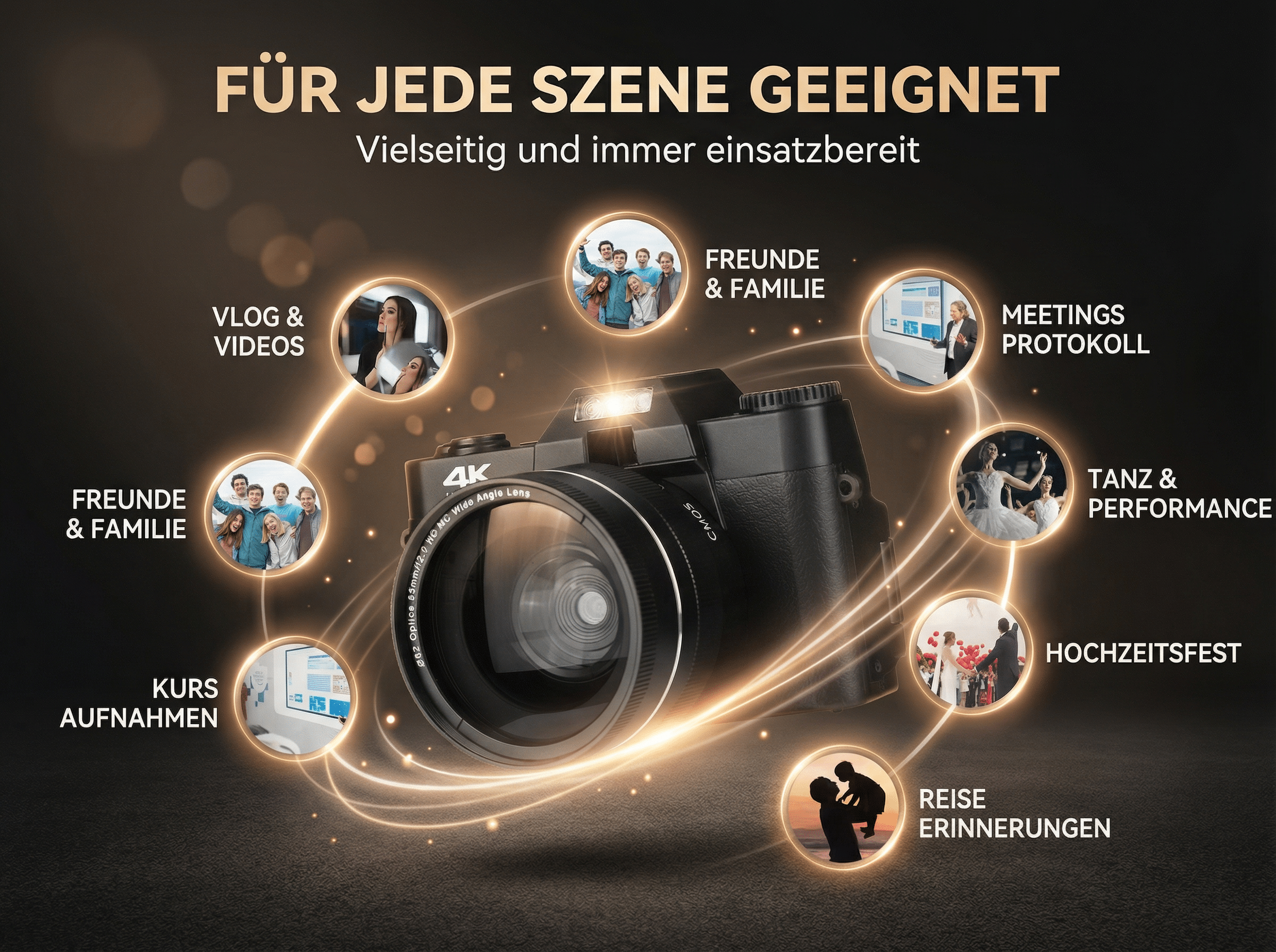 Kamera mit Kreisen, die verschiedene Szenarien zeigen: Freunde, Meetings, Tanz, Hochzeit, Reisen, Kurse, Vlogs.