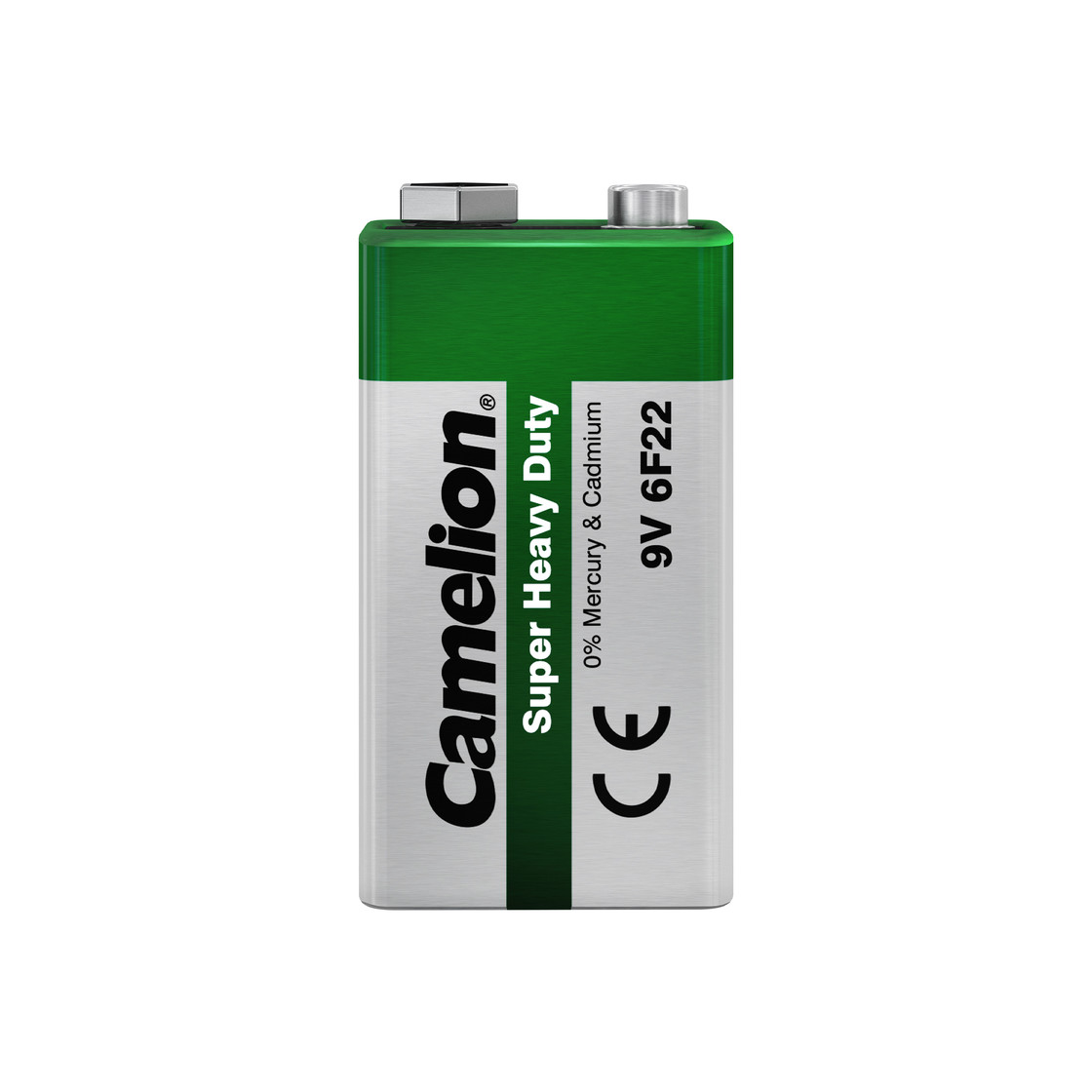 Bateria Camelion 9V, srebrna i zielona, z zaciskami.