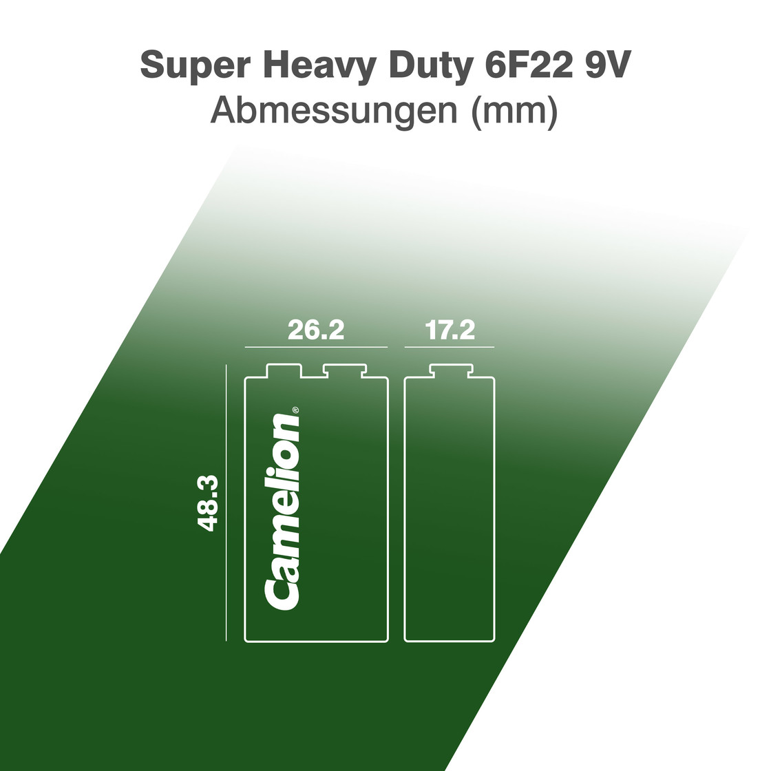 Bateria Camelion 9V: 48.3mm wysokości, 26.2mm szerokości. Po prawej smuklejsza bateria.