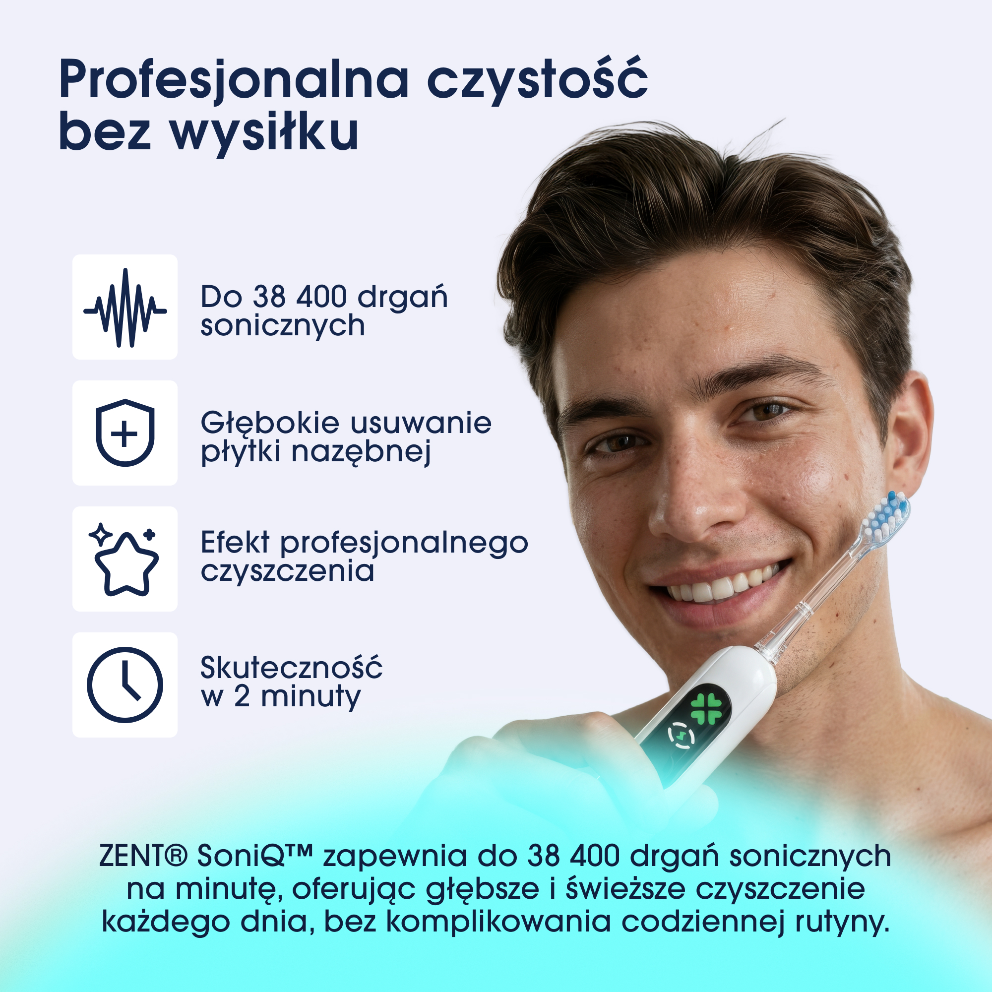Mężczyzna uśmiecha się z elektryczną szczoteczką do zębów oferującą 38 400 drgań sonicznych.