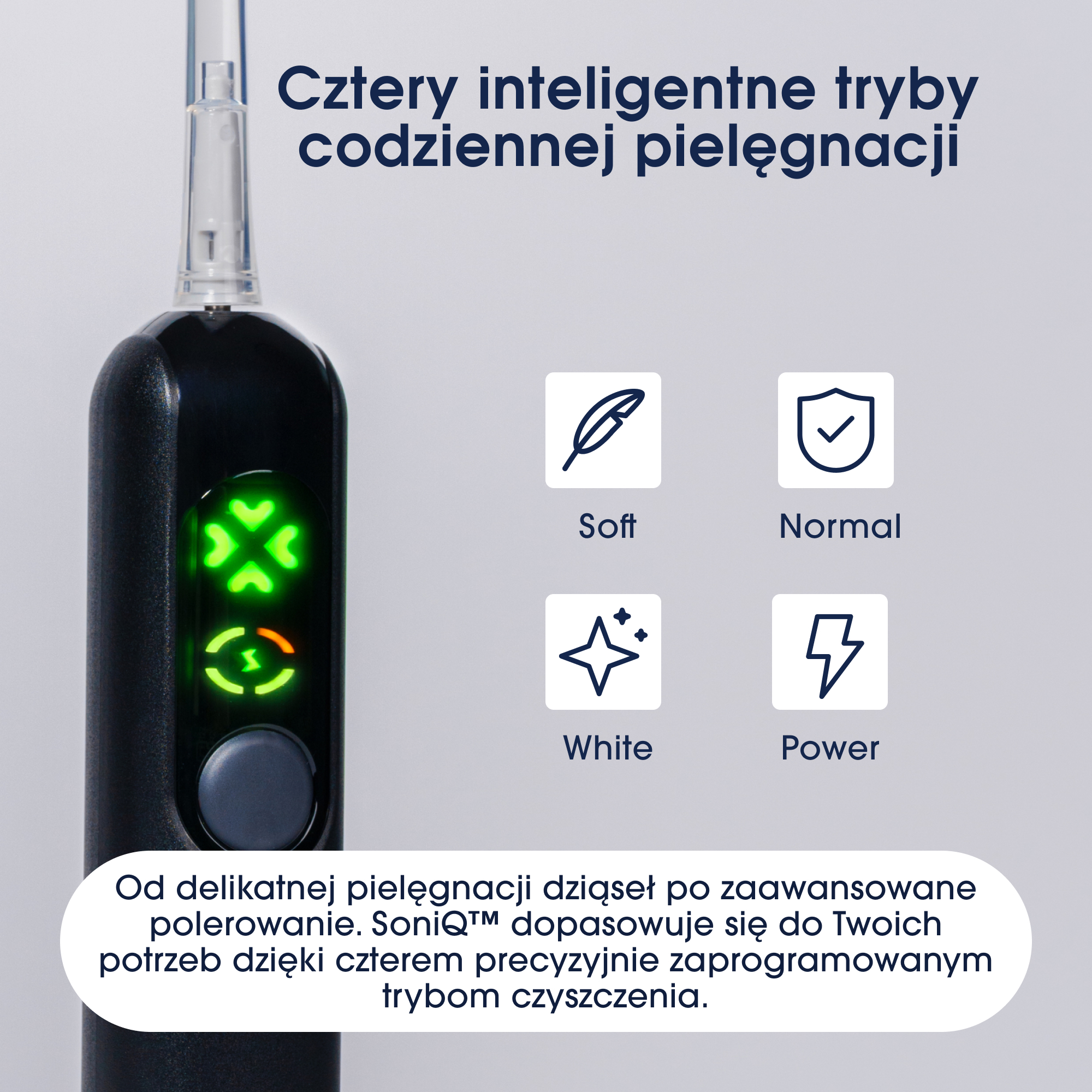 Czarna szczoteczka elektryczna z czterema trybami: Soft, Normal, White, Power.