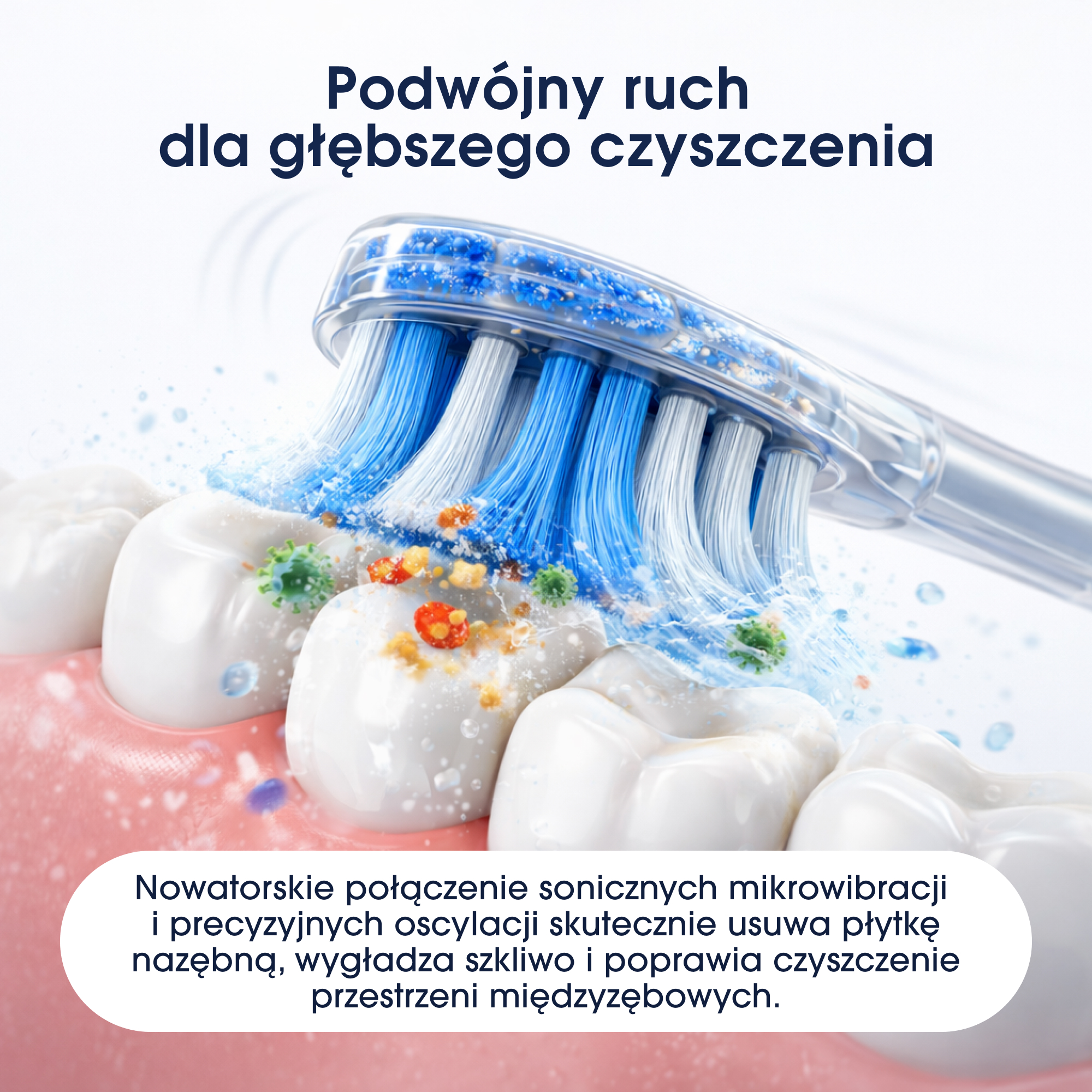Szczoteczka do zębów czyści zęby, usuwając bakterie i płytkę wodą.