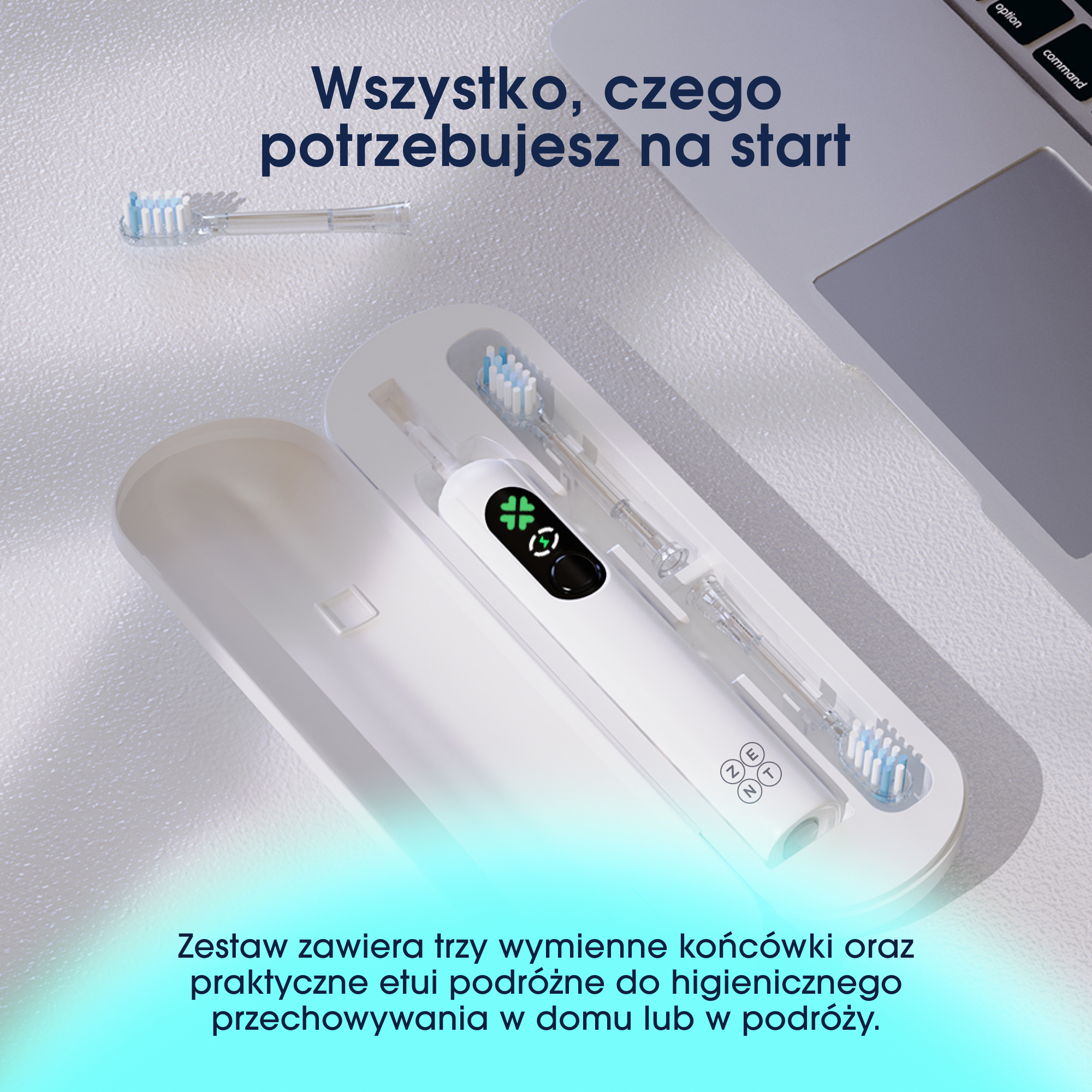Biały zestaw szczoteczki elektrycznej z etui ładującym i zapasowymi końcówkami.