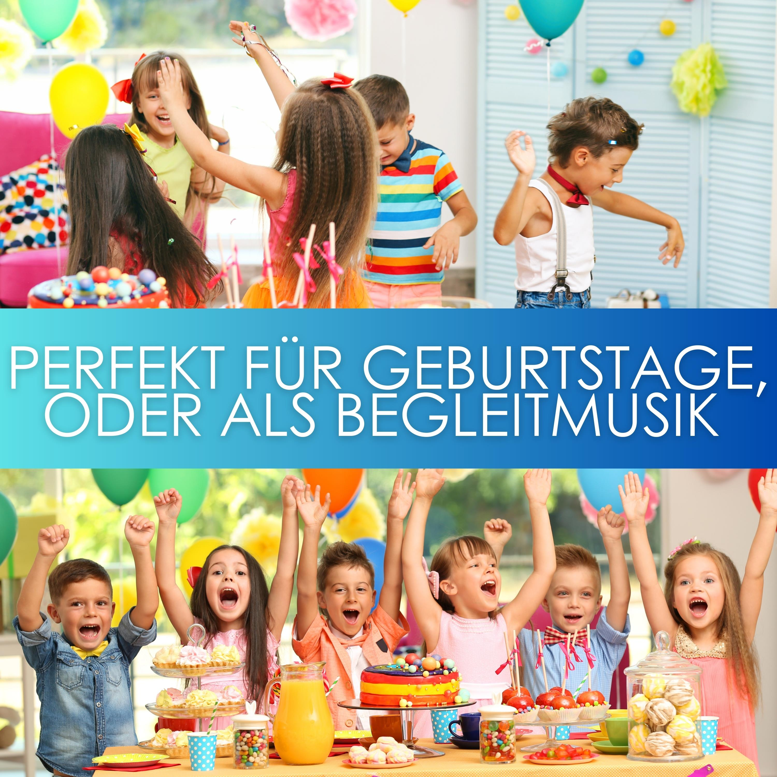 Kinder feiern Geburtstag mit Kuchen, Süßigkeiten und Luftballons.