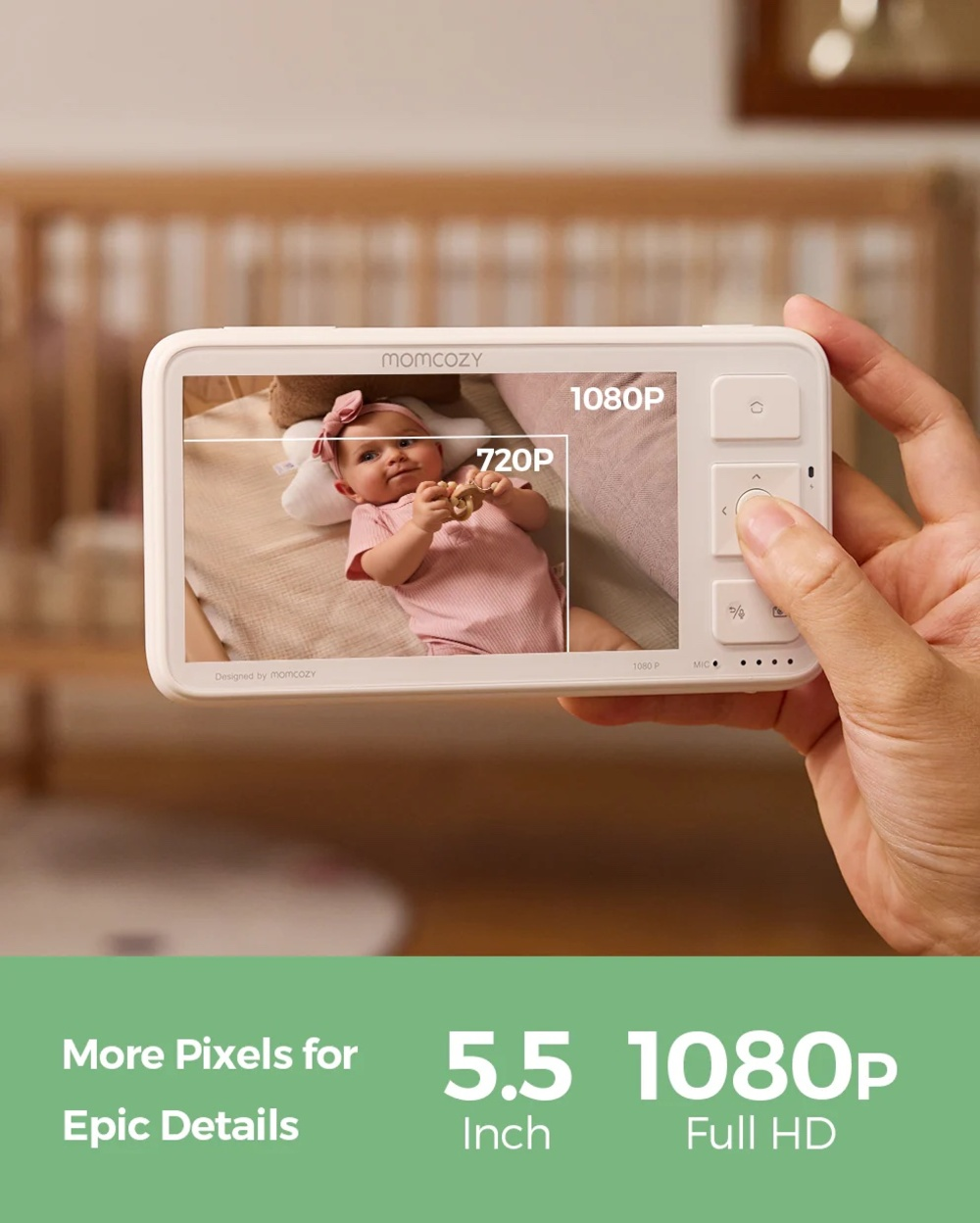 Une main tient un babyphone montrant un bébé. Le texte souligne la résolution 1080p.