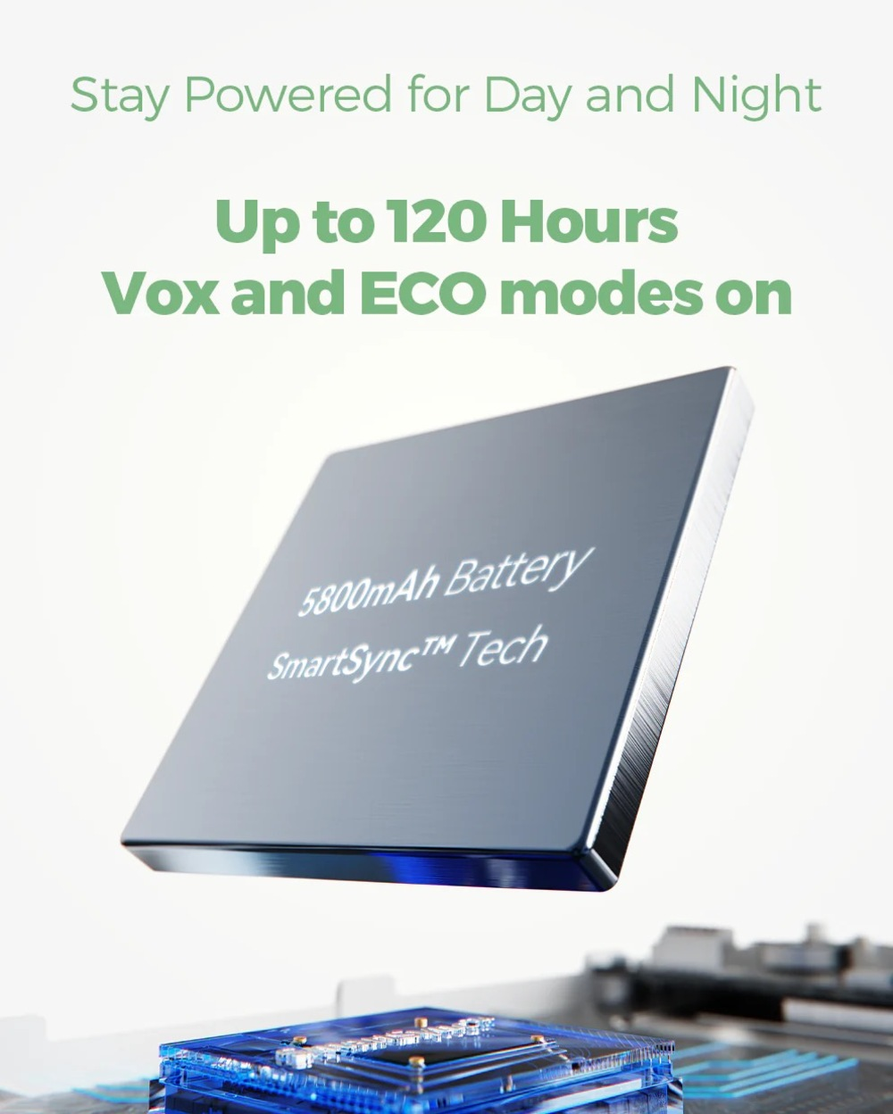 Une batterie de 5800 mAh avec SmartSync™ Tech, offrant jusqu'à 120 heures en modes Vox et ECO.