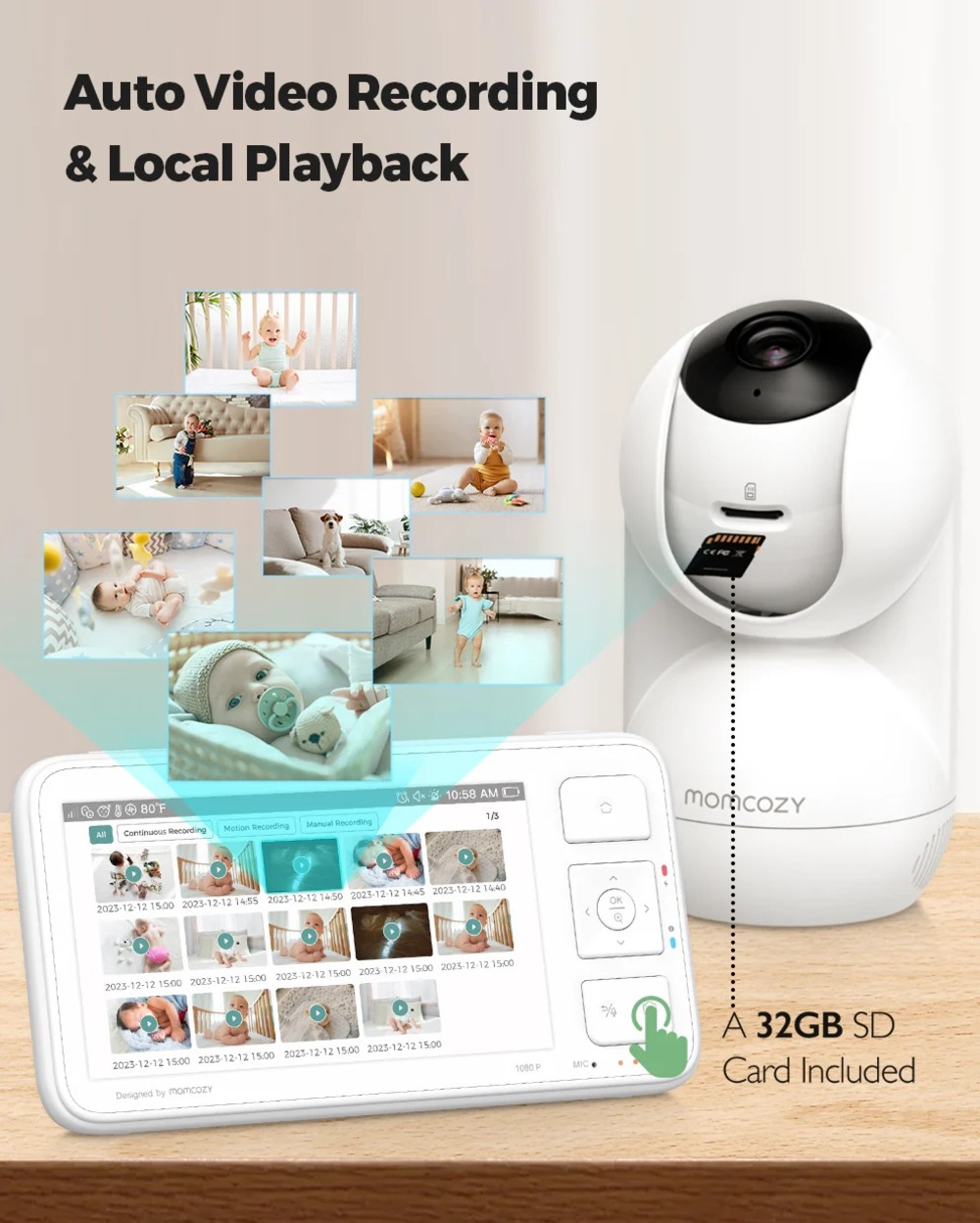 Caméra babyphone affiche photos de bébé et une carte SD de 32 Go.