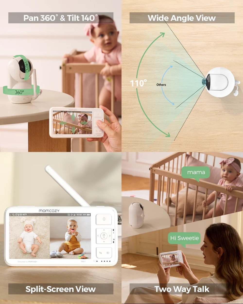 Fonctionnalités du babyphone : Panoramique, Inclinaison, Grand angle, Écran partagé, Conversation bidirectionnelle.