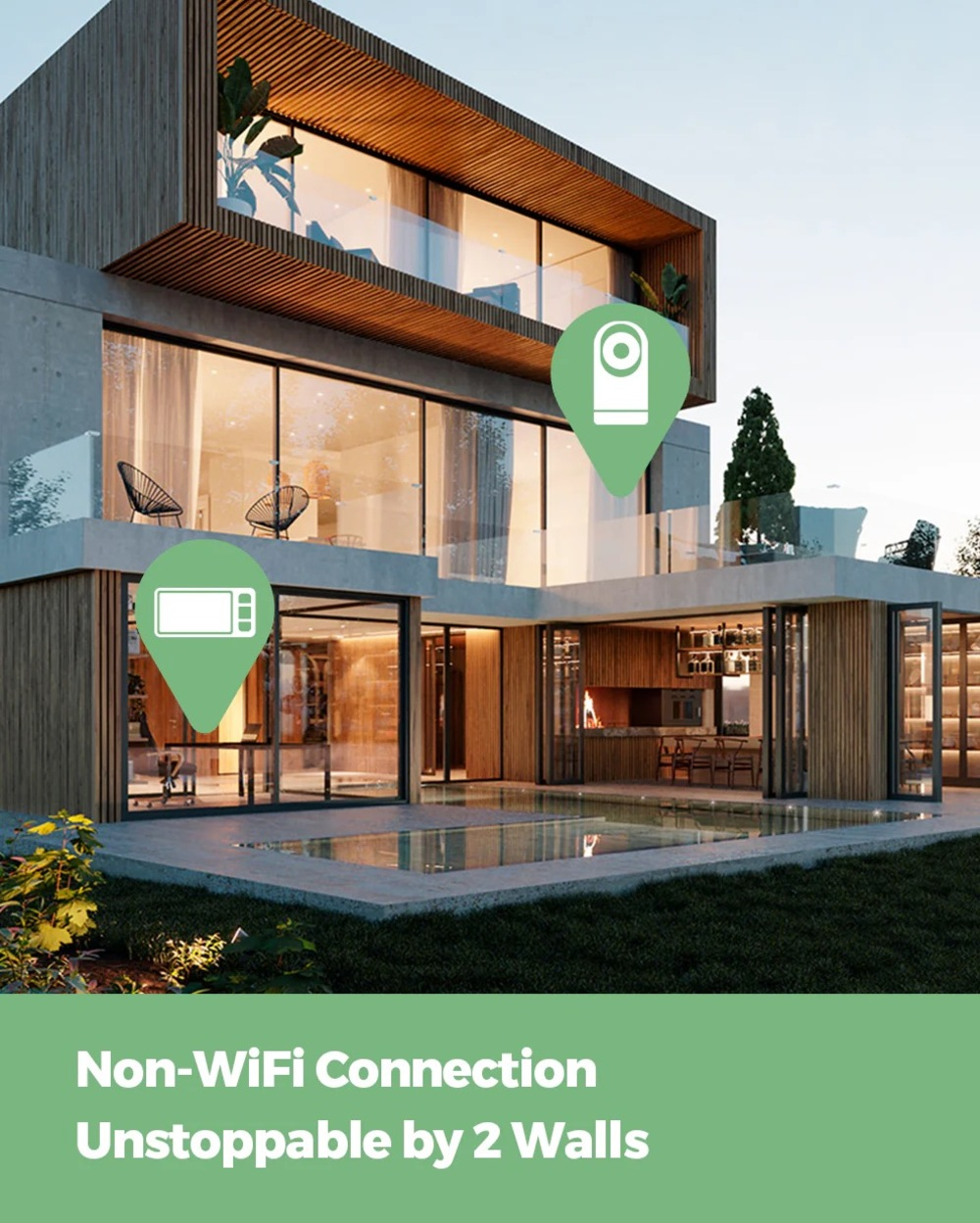 Villa moderne avec piscine, deux icônes de connectivité, texte : Connexion sans Wi-Fi.