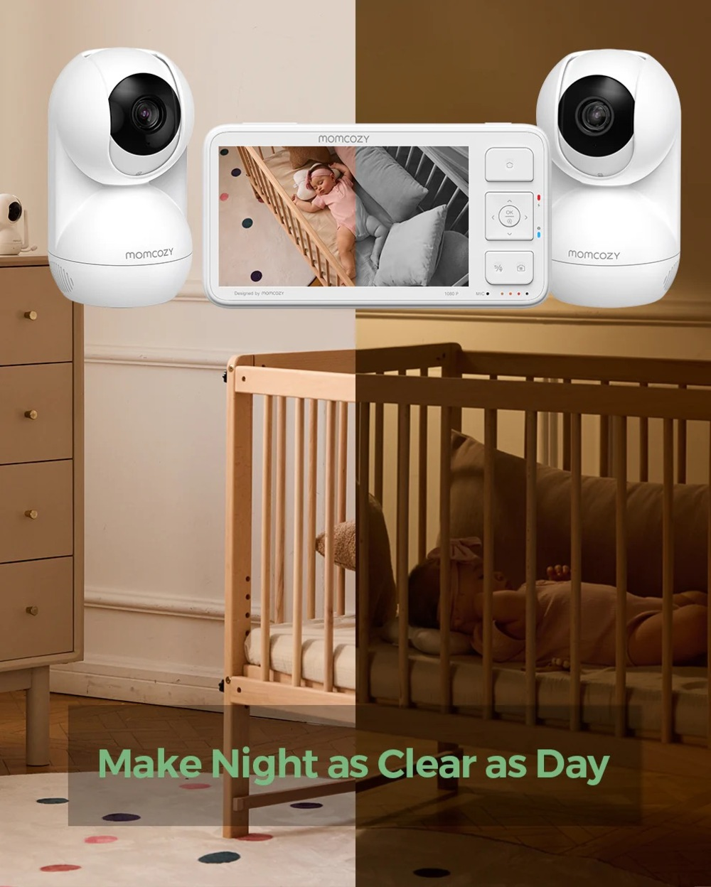 Un babyphone avec deux caméras et un écran montrant un bébé endormi.