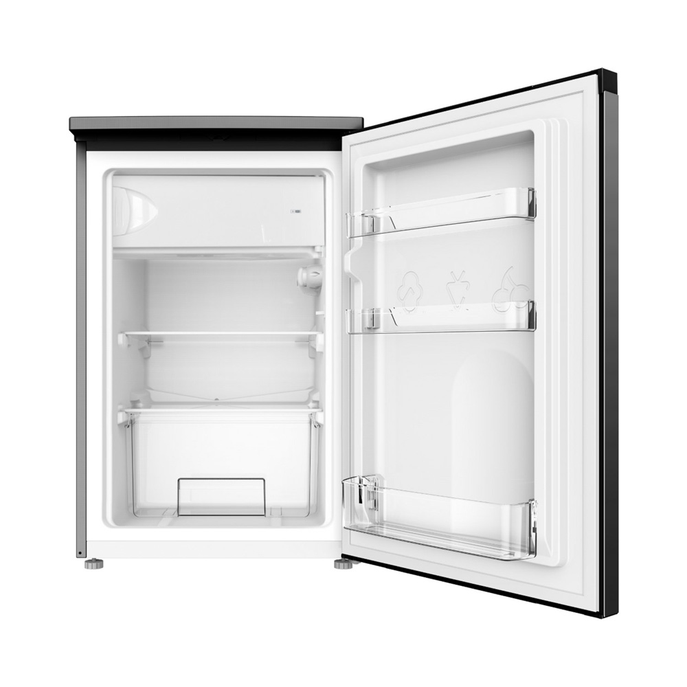 An open, empty refrigerator with black accents and clear shelves.