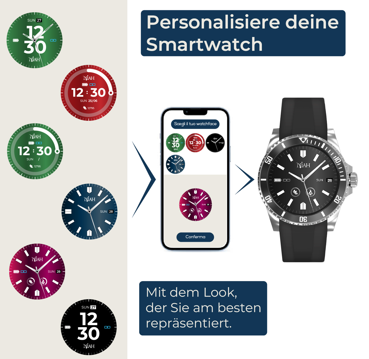 Verschiedene Zifferblätter für Smartwatches und eine Uhr werden gezeigt.