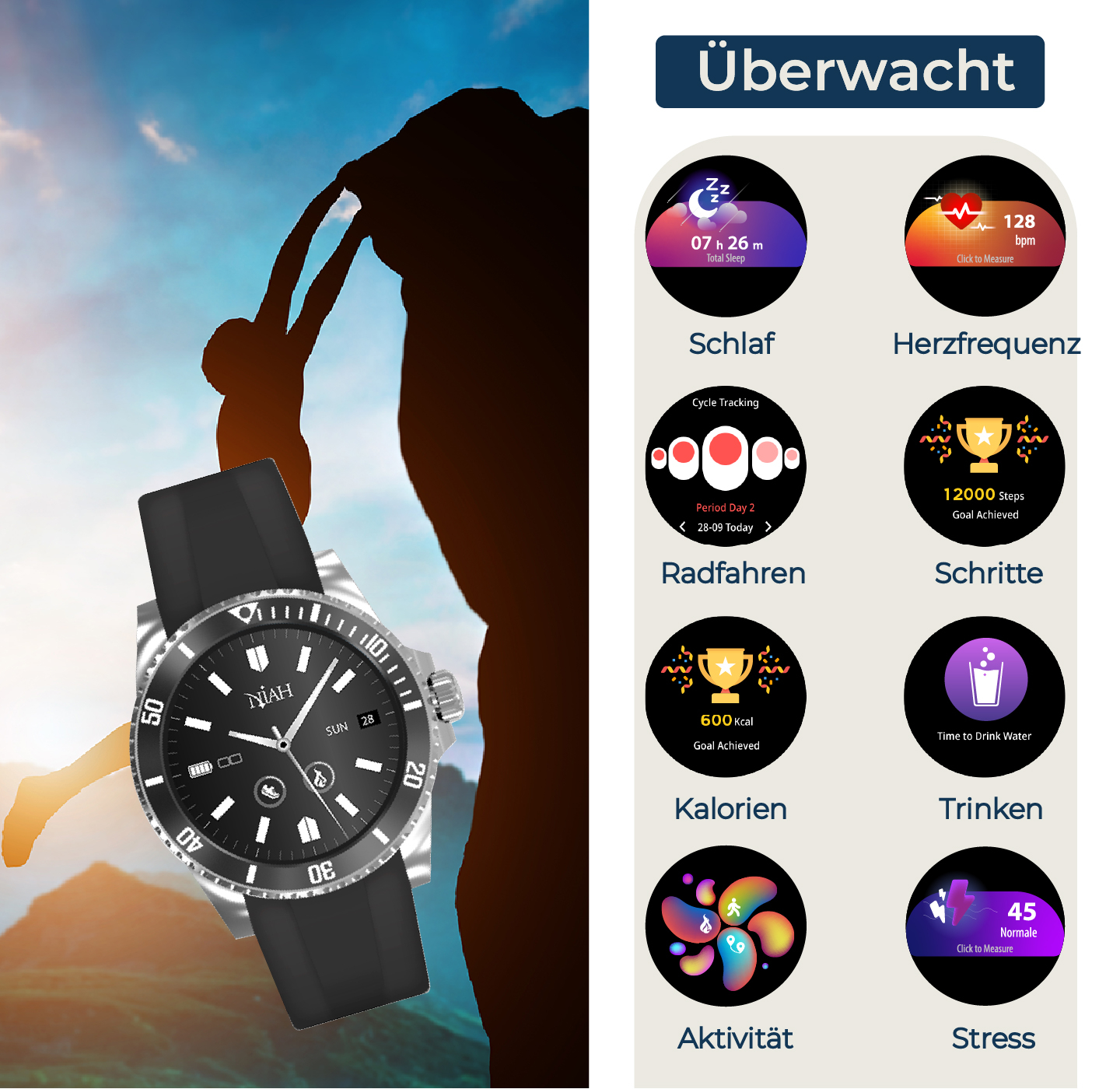 Armbanduhr mit Fitness-Infos: Schlaf, Herzfrequenz, Radfahren, Schritte, Kalorien, Trinken, Aktivität, Stress.