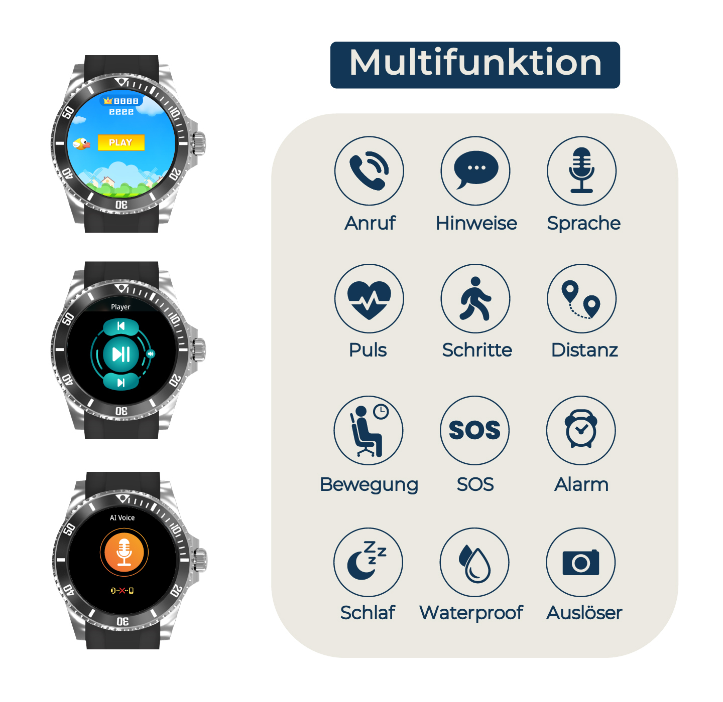 Smartwatch mit Spiel, Musiksteuerung und KI-Sprachassistent-Symbolen.