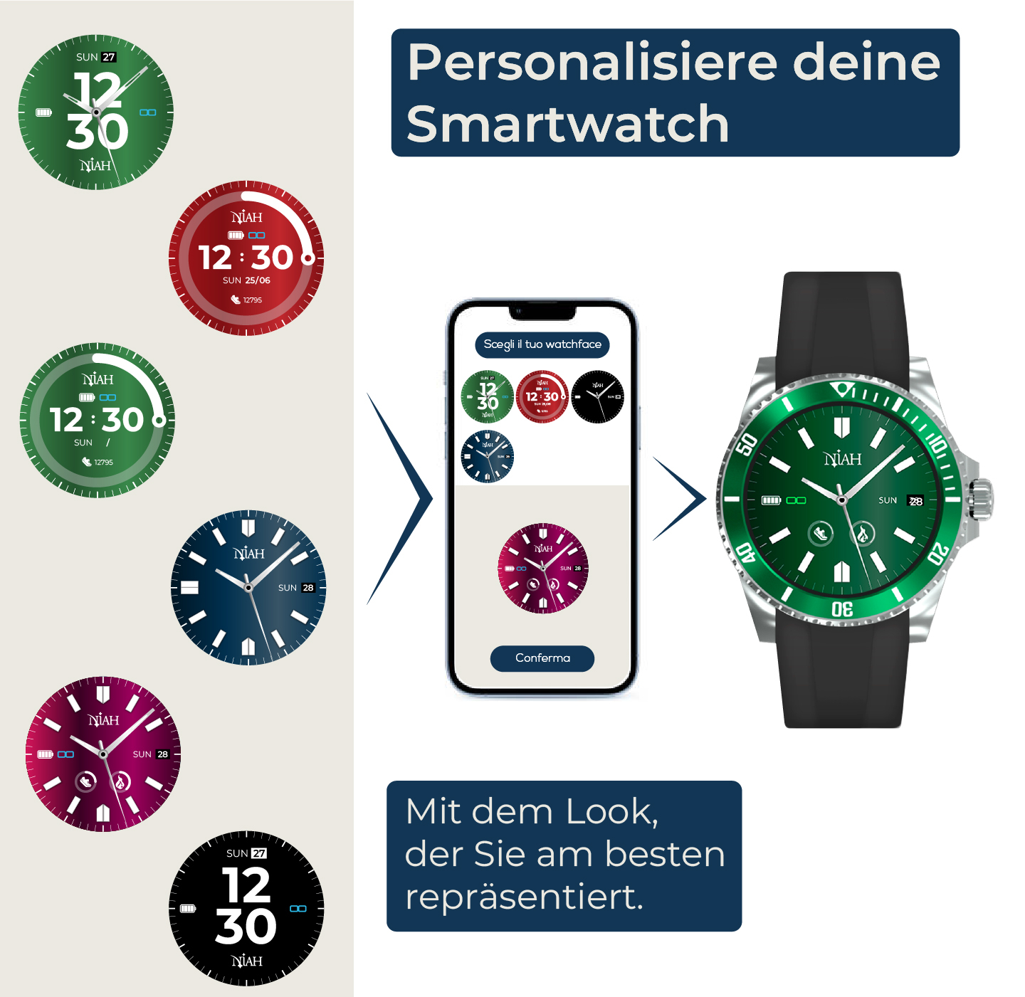 Personalisierte Smartwatch-Zifferblätter in verschiedenen Farben und Stilen.
