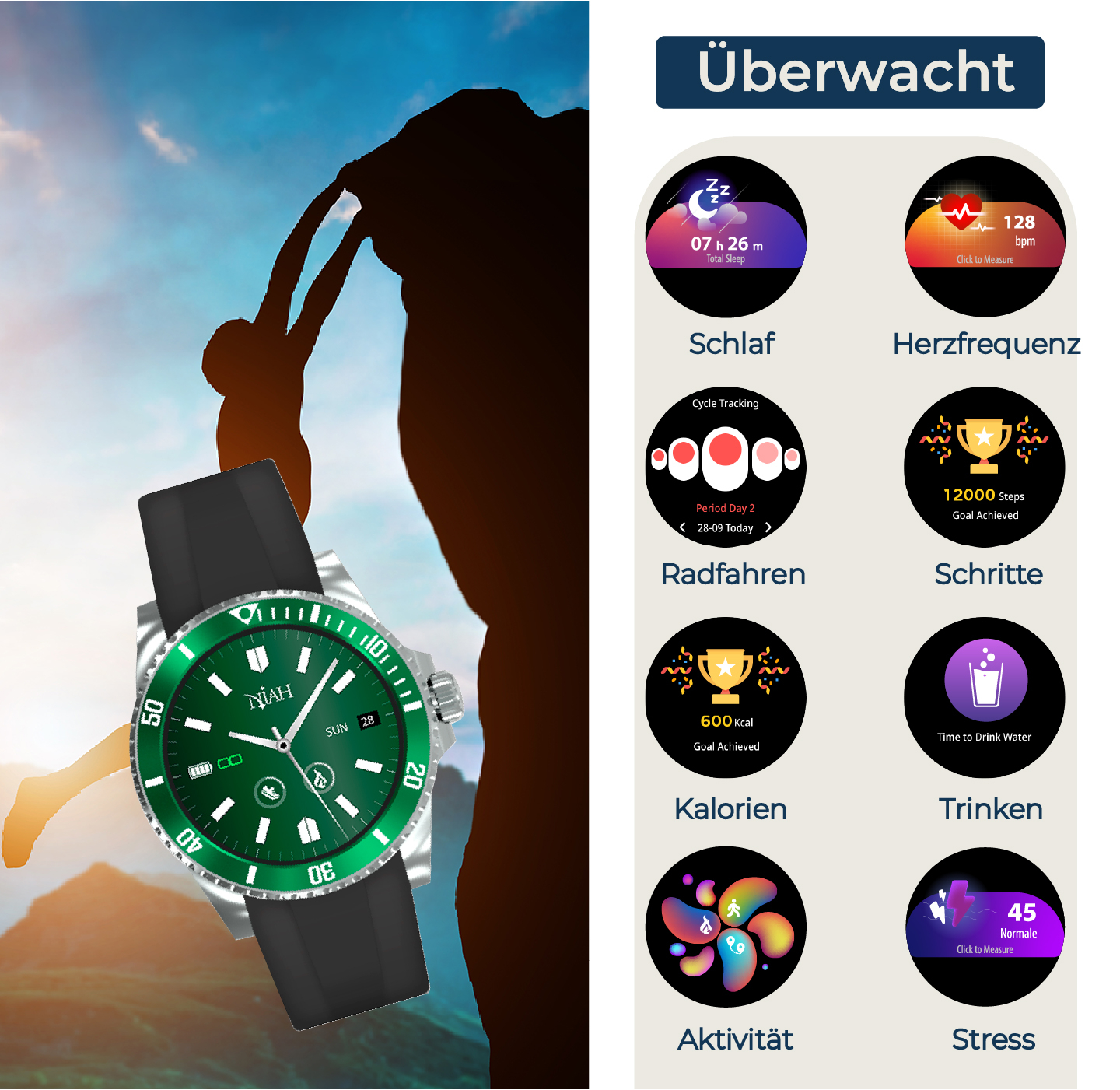 Eine Smartwatch mit grünem Zifferblatt wird vor einem Kletterer im Schatten gehalten.