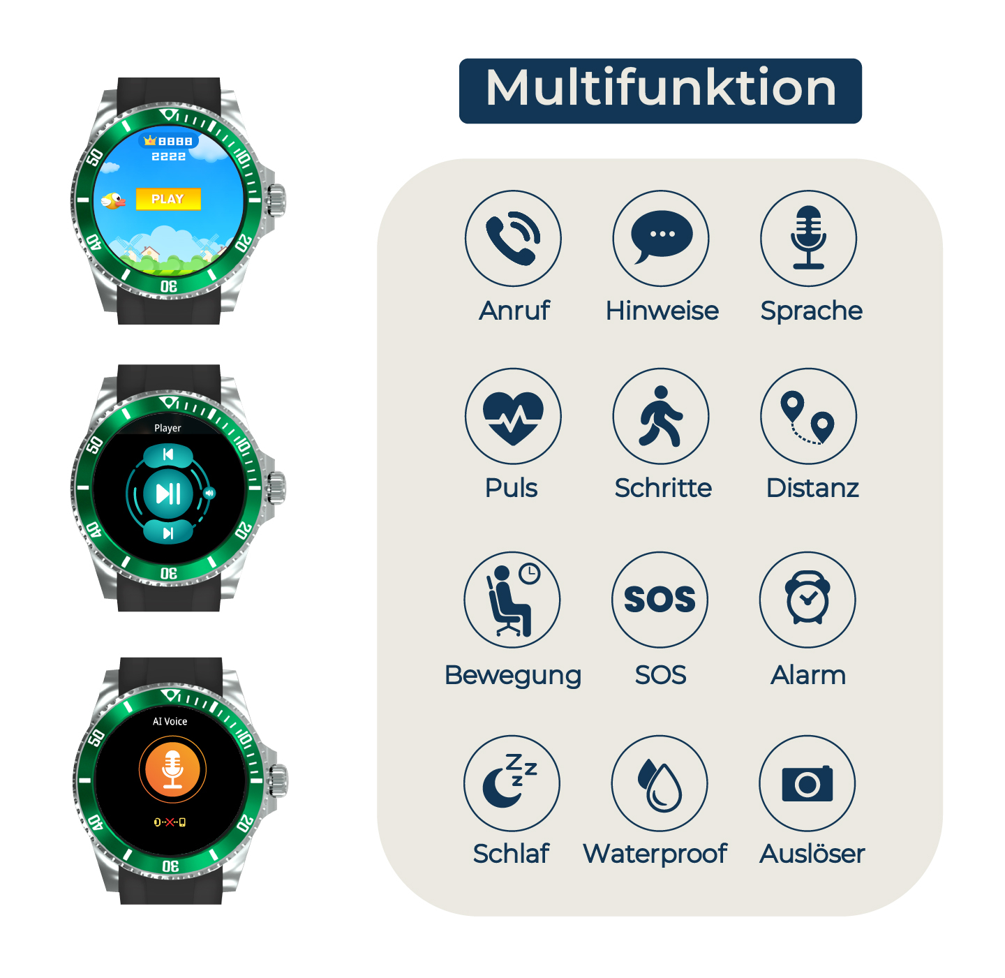 Drei Smartwatches zeigen Spiele, Musik und Sprachsteuerung. Icons zeigen Funktionen.
