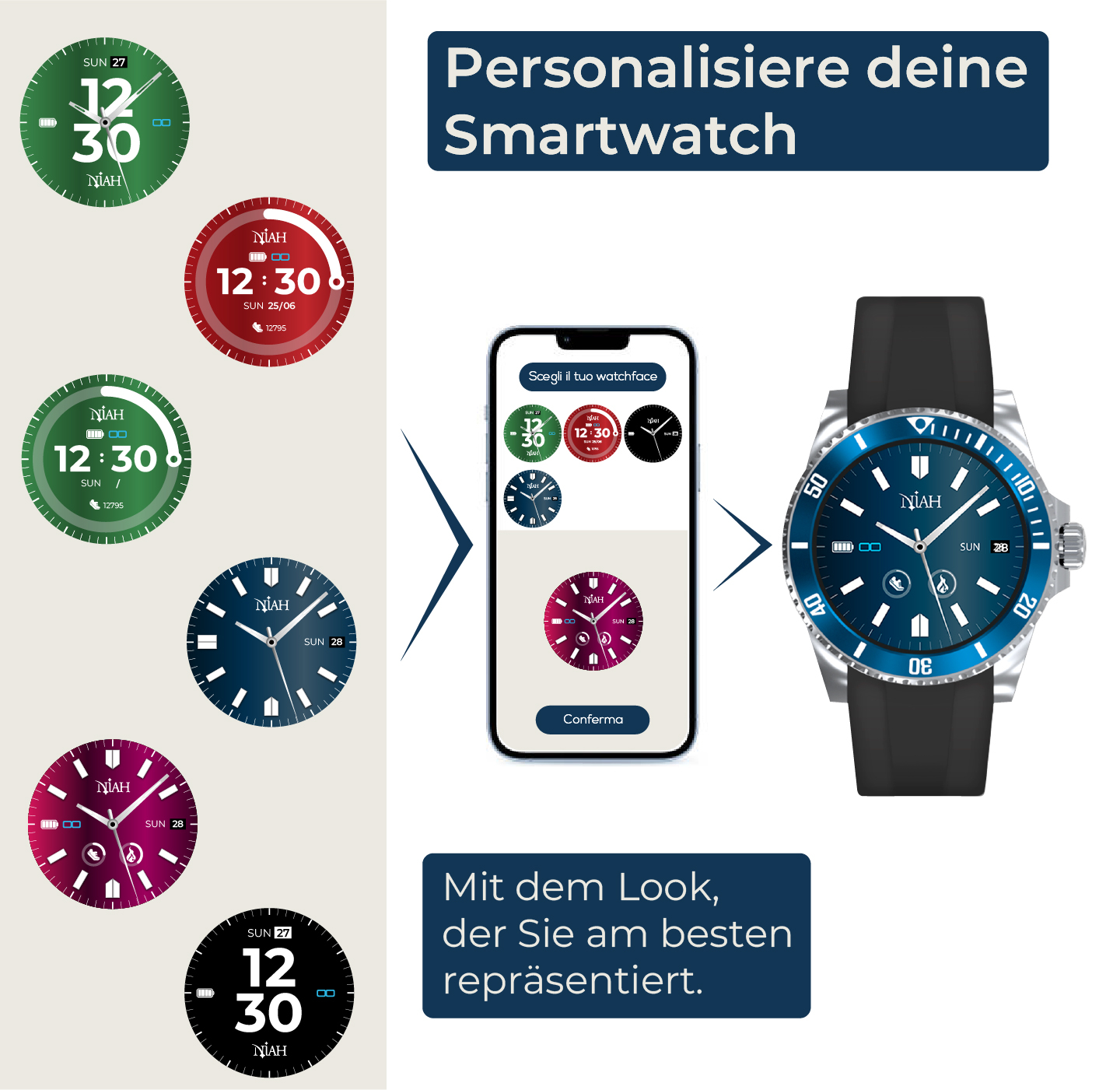 Smartwatch-Zifferblätter: Grün, Rot, Blau, Lila. App-Vorschau. Blaue Smartwatch.