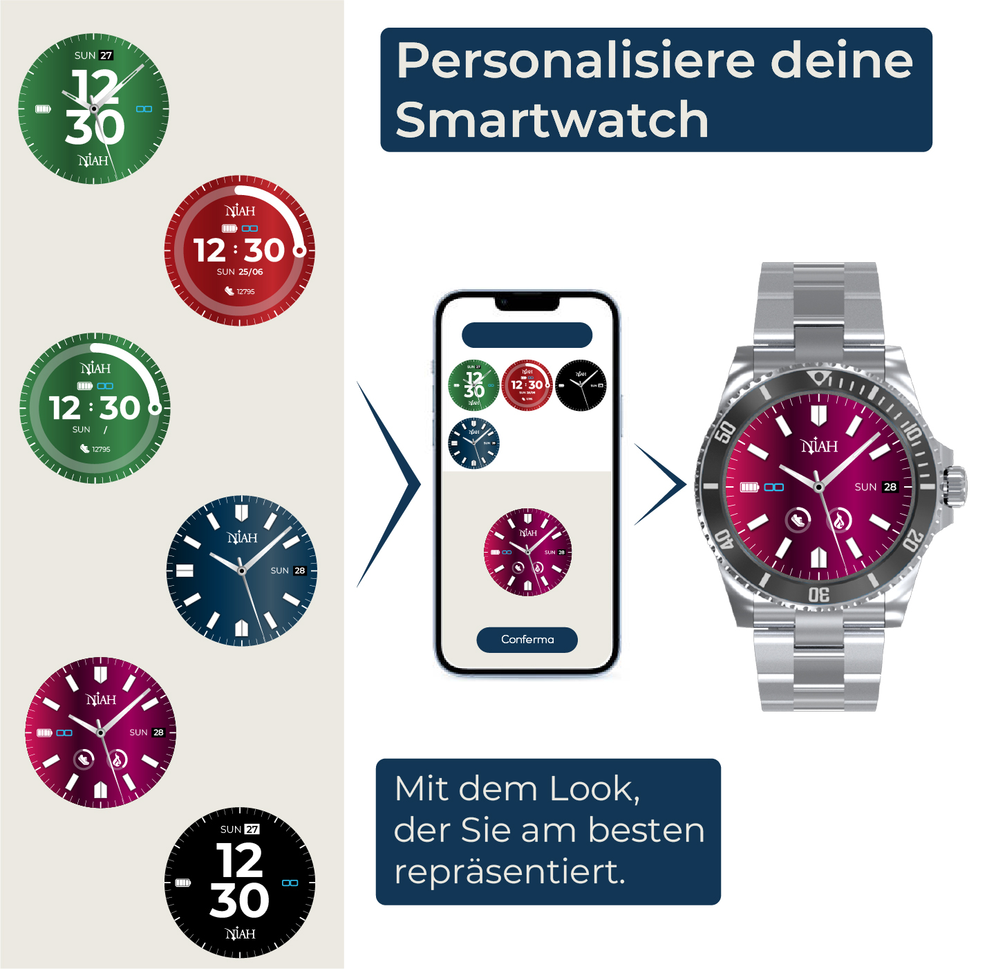 Vengono visualizzate varie watch face per smartwatch, mostrando le opzioni di personalizzazione.