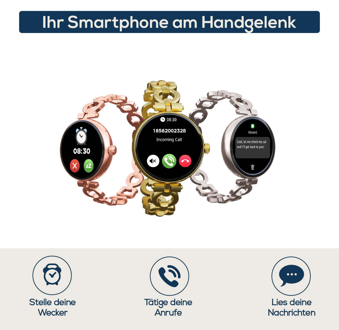 Tre smartwatch una accanto all'altra, una con sveglia, una con chiamata, un messaggio.