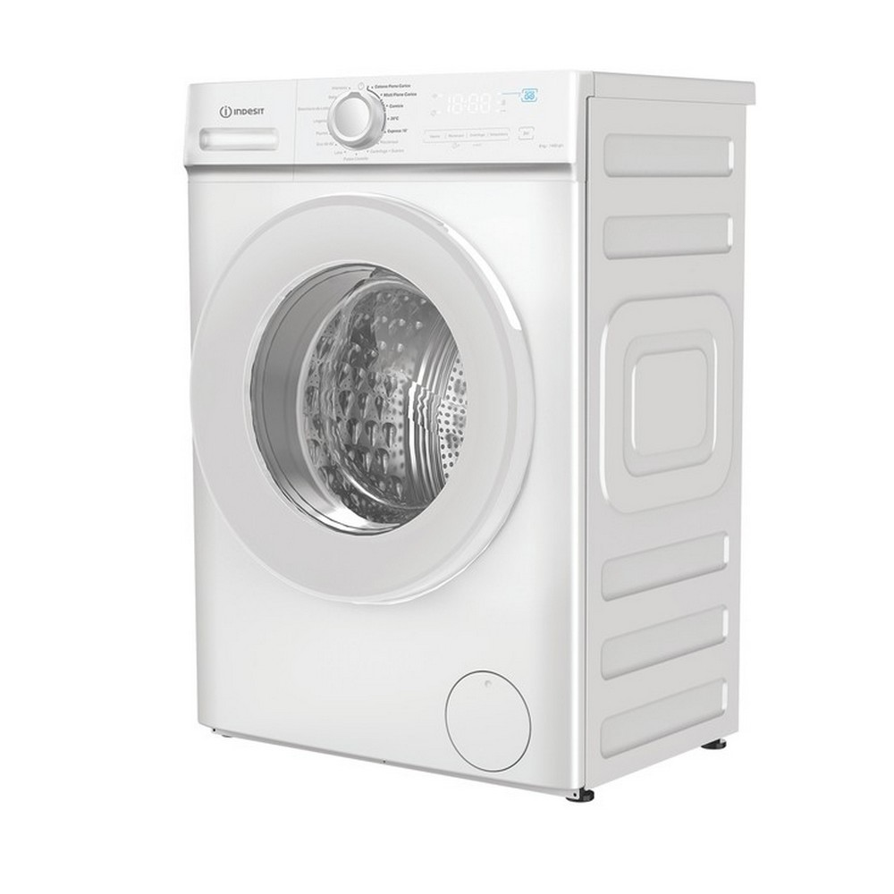 Una lavatrice Indesit bianca con oblò tondo e display digitale.