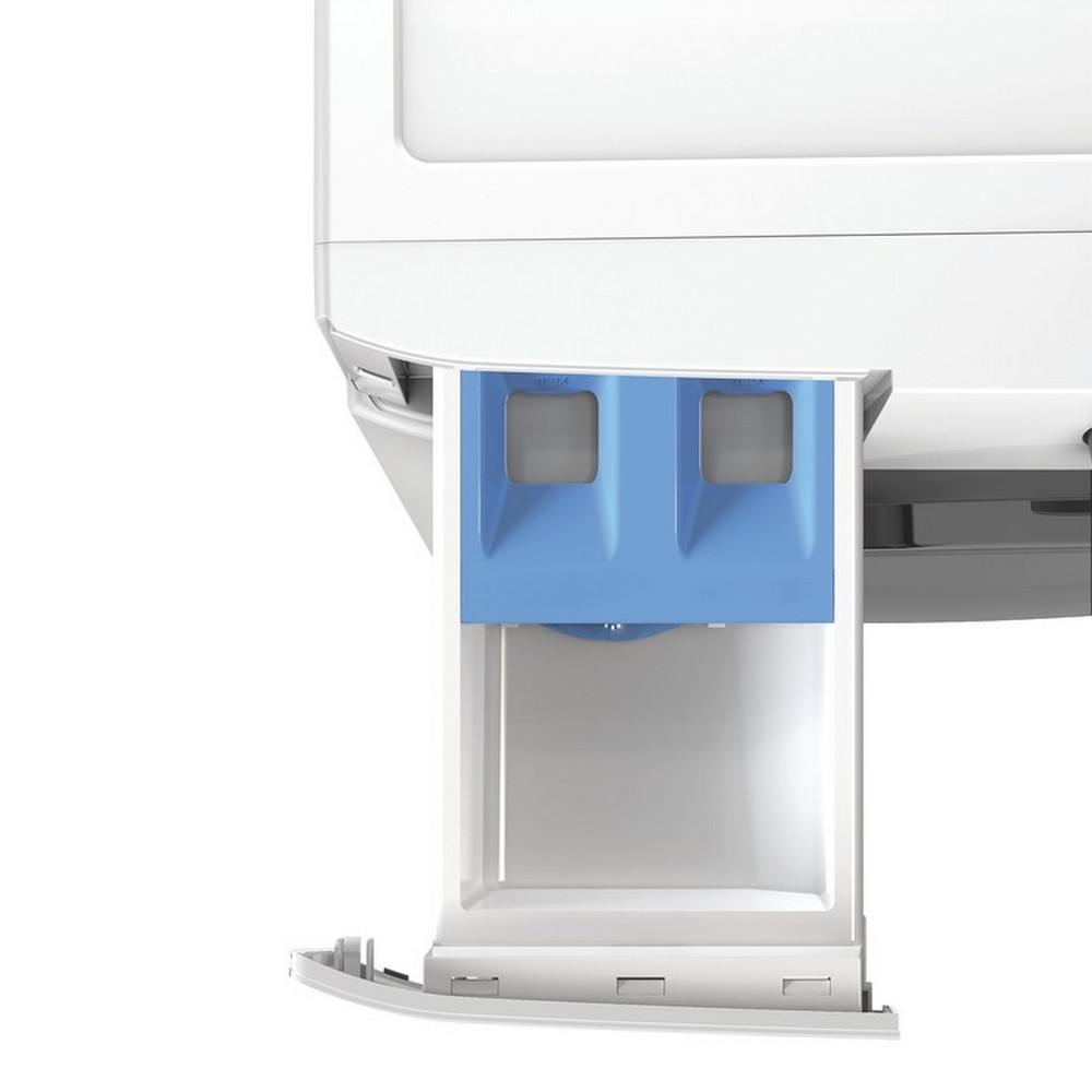 Un cassetto estraibile di una lavatrice con due scomparti blu.