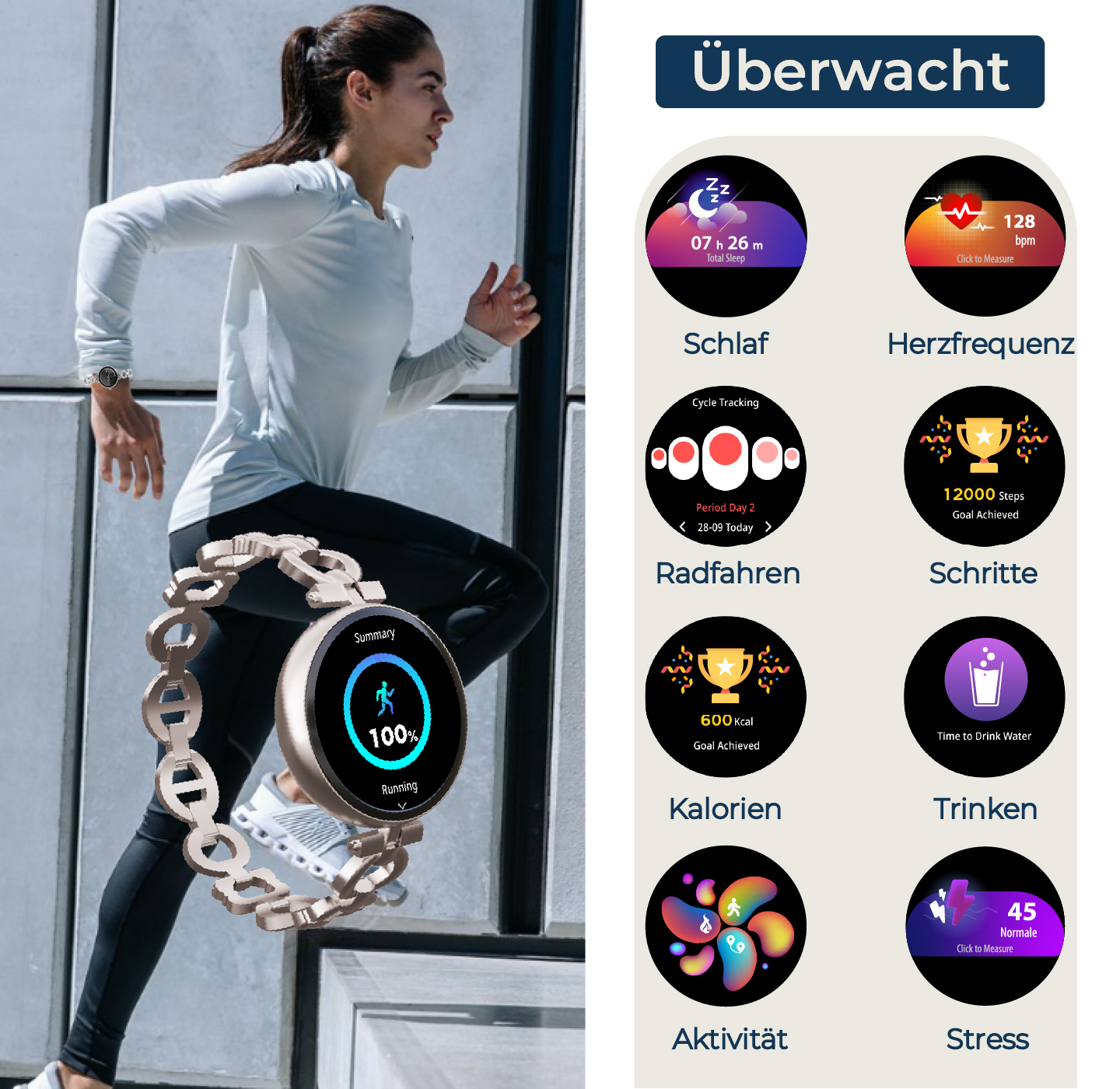 Corridore con smartwatch che mostra sonno, battito cardiaco, passi, calorie.