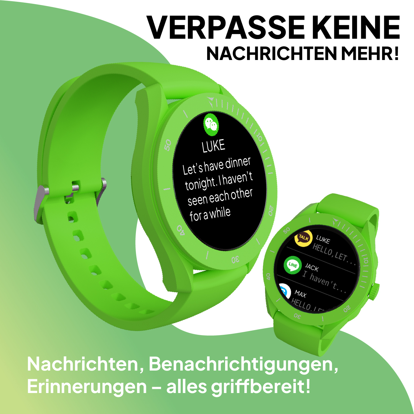 Deux montres connectées vertes affichant des messages et du texte.
