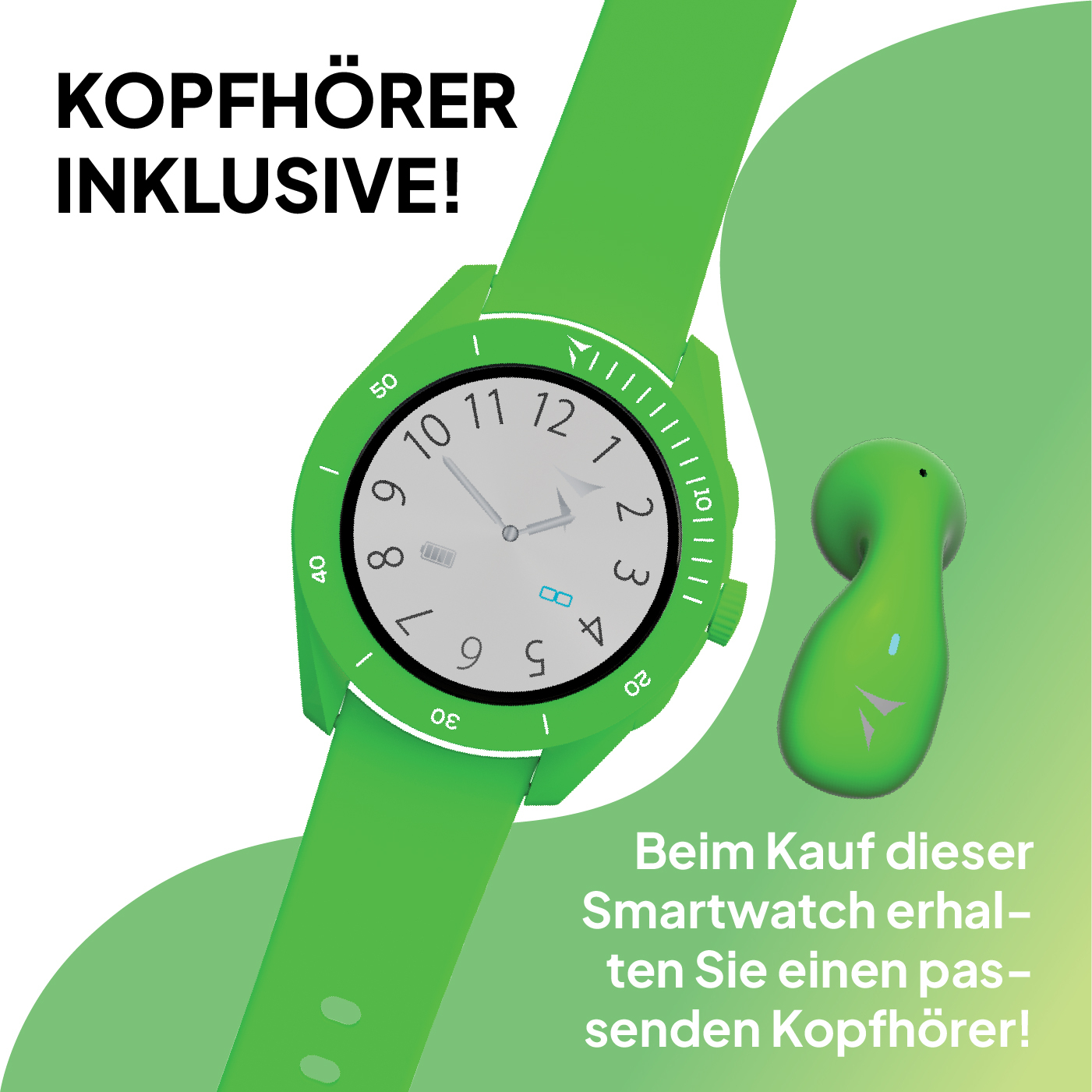 Montre connectée verte avec écouteurs. "Écouteurs inclus !" en haut.