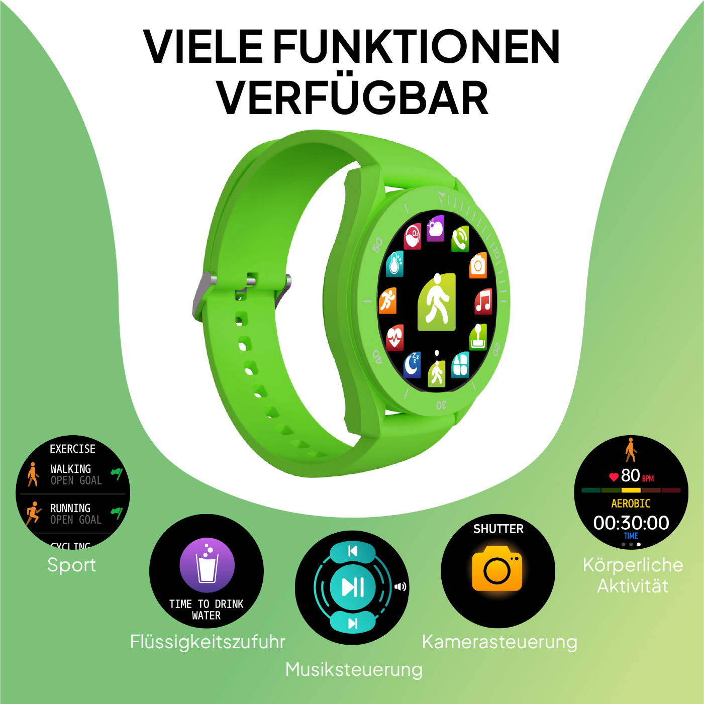 Montre connectée verte affichant diverses fonctions sportives et de santé.