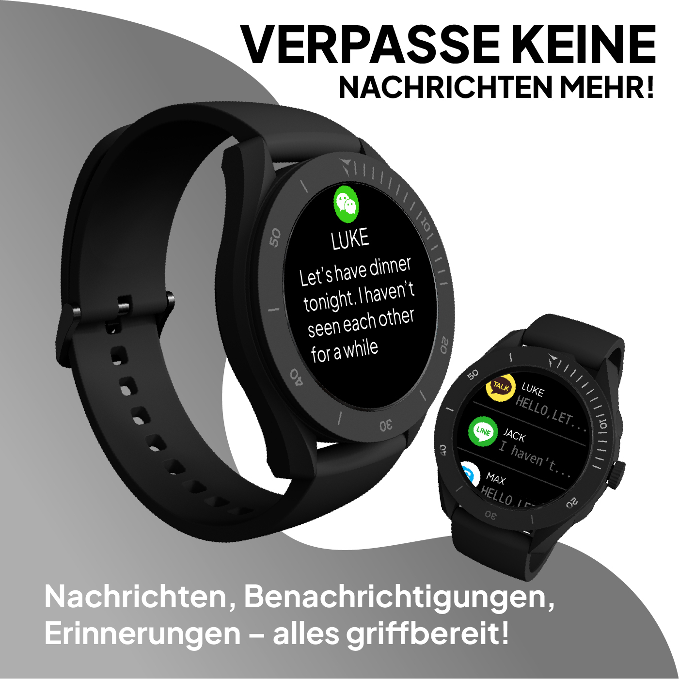 Deux montres intelligentes noires affichent des messages et notifications.