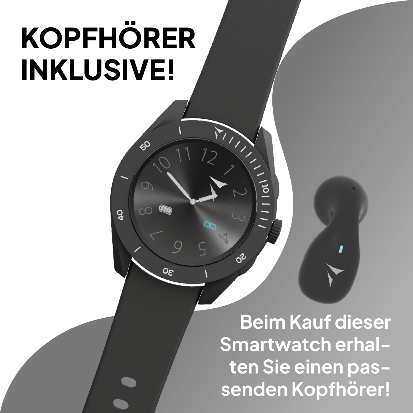 Montre connectée noire avec écouteurs. "Écouteurs inclus !"