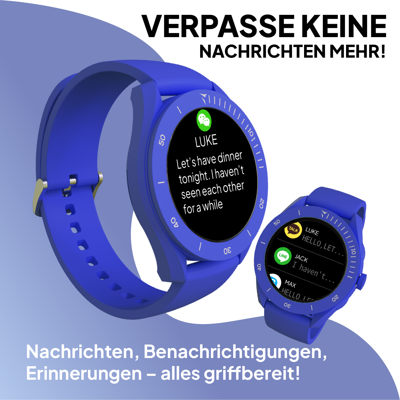 Deux montres connectées bleues affichent des messages. L'une montre un message de LUKE.