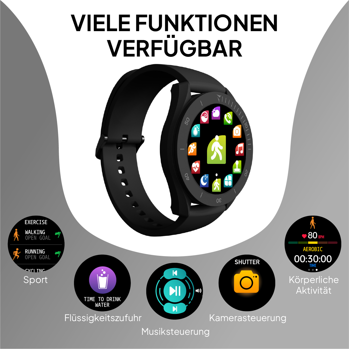 Une montre connectée noire affiche diverses icônes : sport, boire de l'eau, musique, appareil photo et santé.