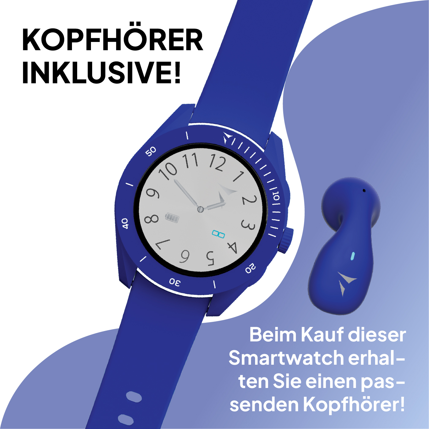 Une montre connectée bleue avec un seul écouteur bleu à côté.